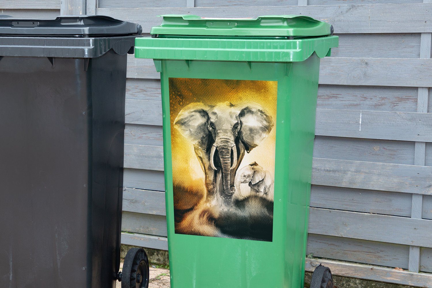 St), Elefant - MuchoWow Mülltonne, Aquarellfarbe Container, Wandsticker (1 Abfalbehälter Sticker, Mülleimer-aufkleber, - Gelb