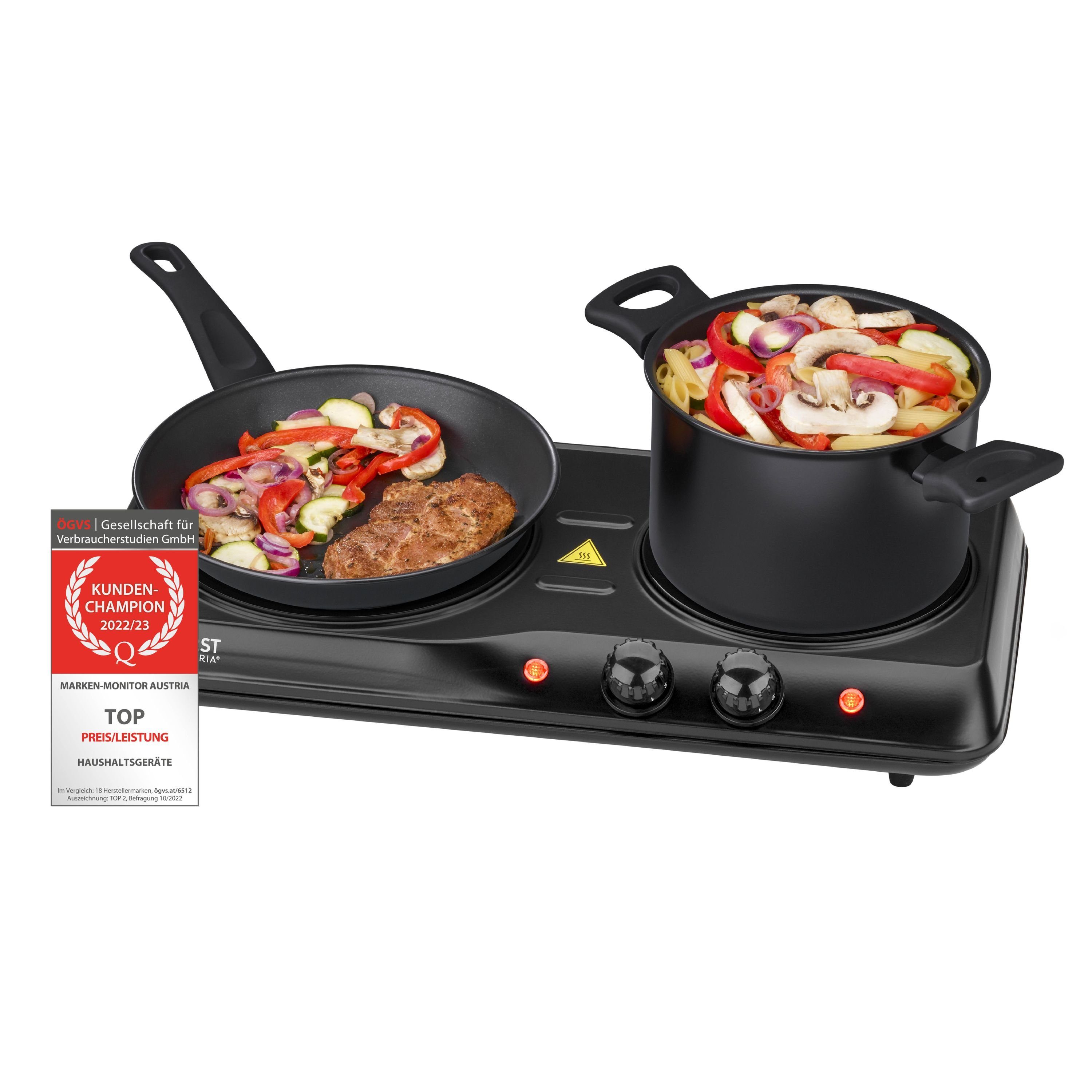 TZS FIRST AUSTRIA Doppelkochplatte Kochplatte 2000W, Glaskeramik, doppel, Herdplatte Camping, 2000W, Stufenloser Temperaturregelung, mobile Kochplatte, 19/16,5 cm