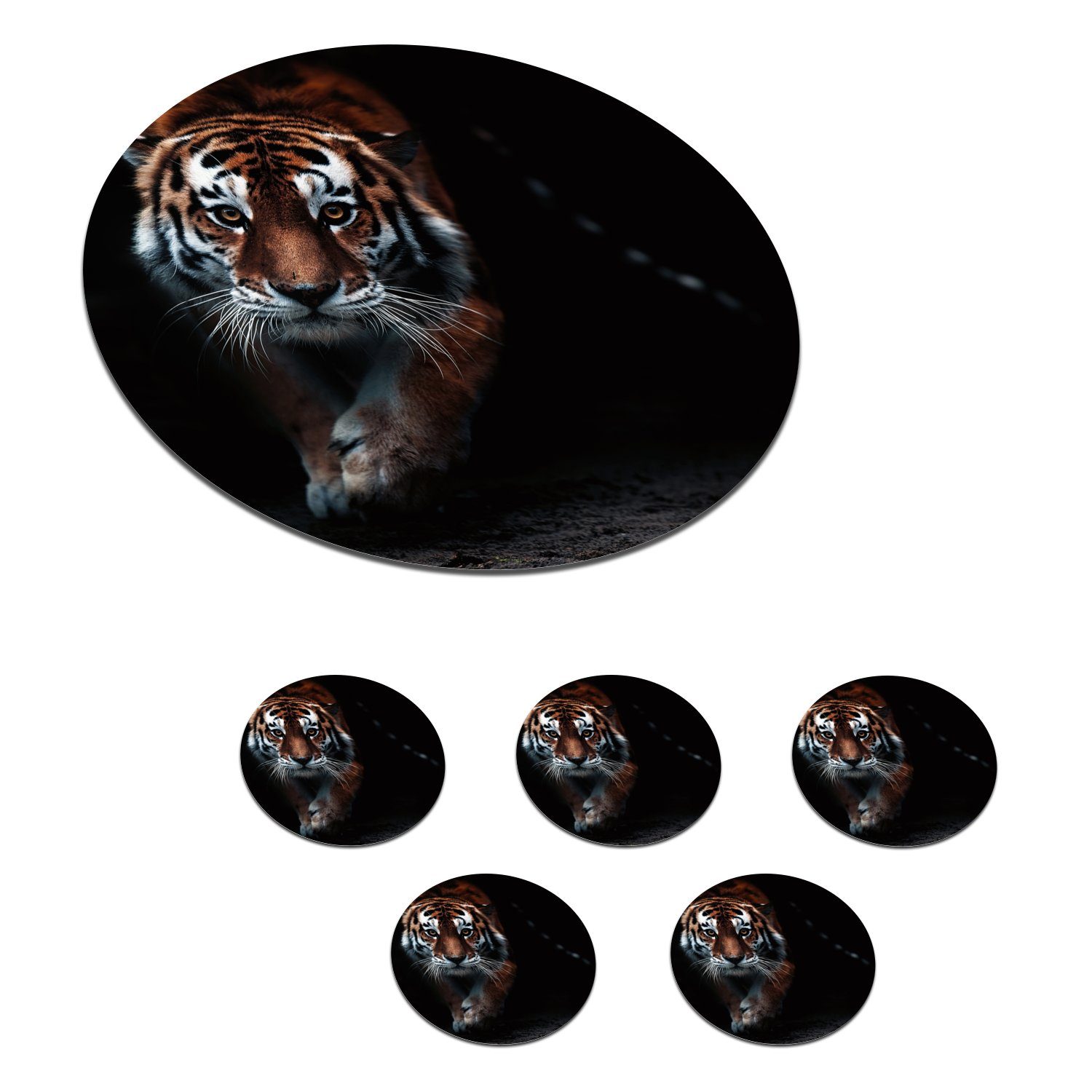 MuchoWow Glasuntersetzer Tiere - Tiger - Schwarz - Wild - Porträt, Zubehör für Gläser, 6-tlg., Getränkeuntersetzer, Tassenuntersetzer, Korkuntersetzer, Tasse, Becher