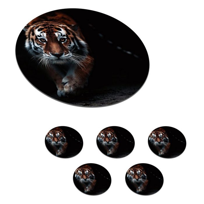 MuchoWow Glasuntersetzer Tiere - Tiger - Schwarz - Wild - Porträt Zubehör für Gläser 6-tlg. Getränkeuntersetzer Tassenuntersetzer Korkuntersetzer Tasse Becher