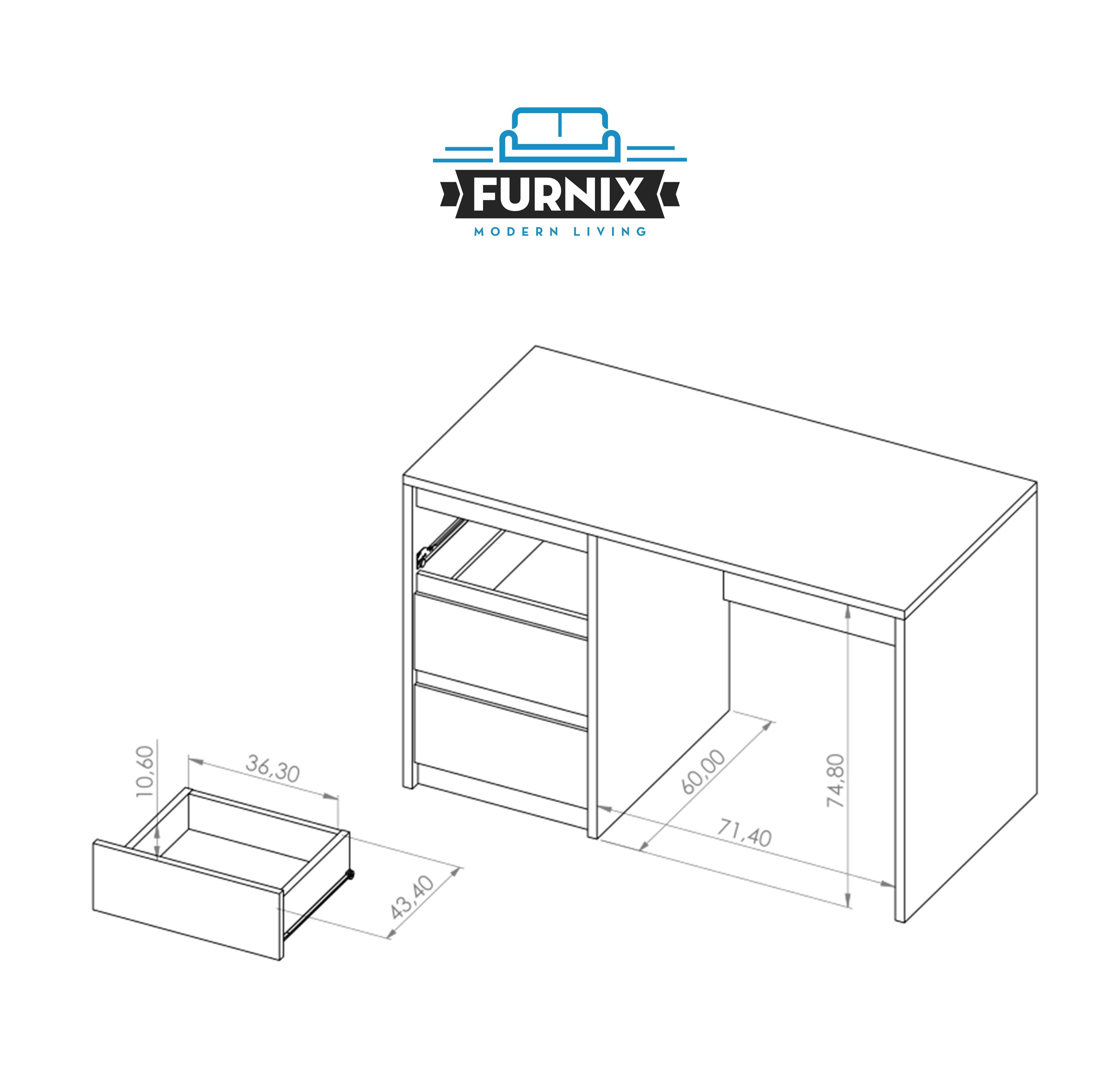 3 x Schubladen, Glanz Schreibtisch T60 Furnix B120 cm Weißeiche-Weiß mit DEVERTTI Maße x H77