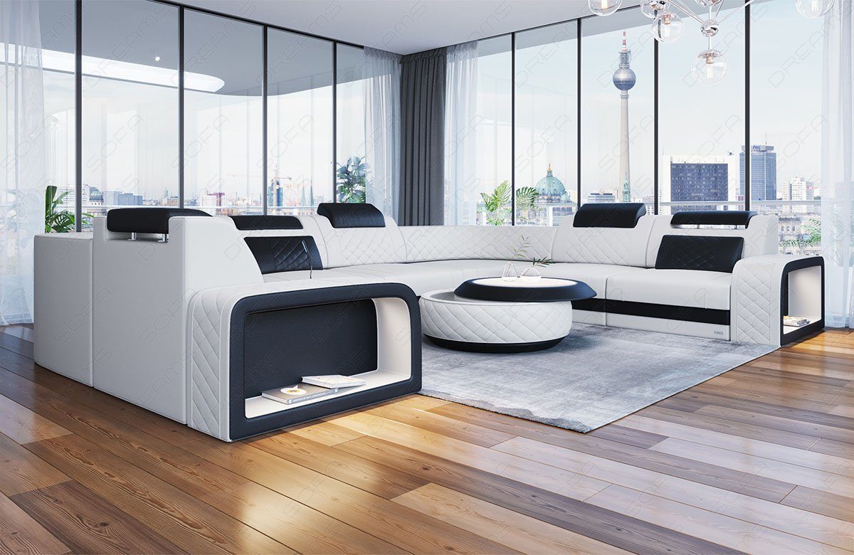 mit Leder Dreams LED, Ledersofa Foggia Designersofa Couch Sofa, verstellbare Wohnlandschaft U Form Sofa Kopstützen,