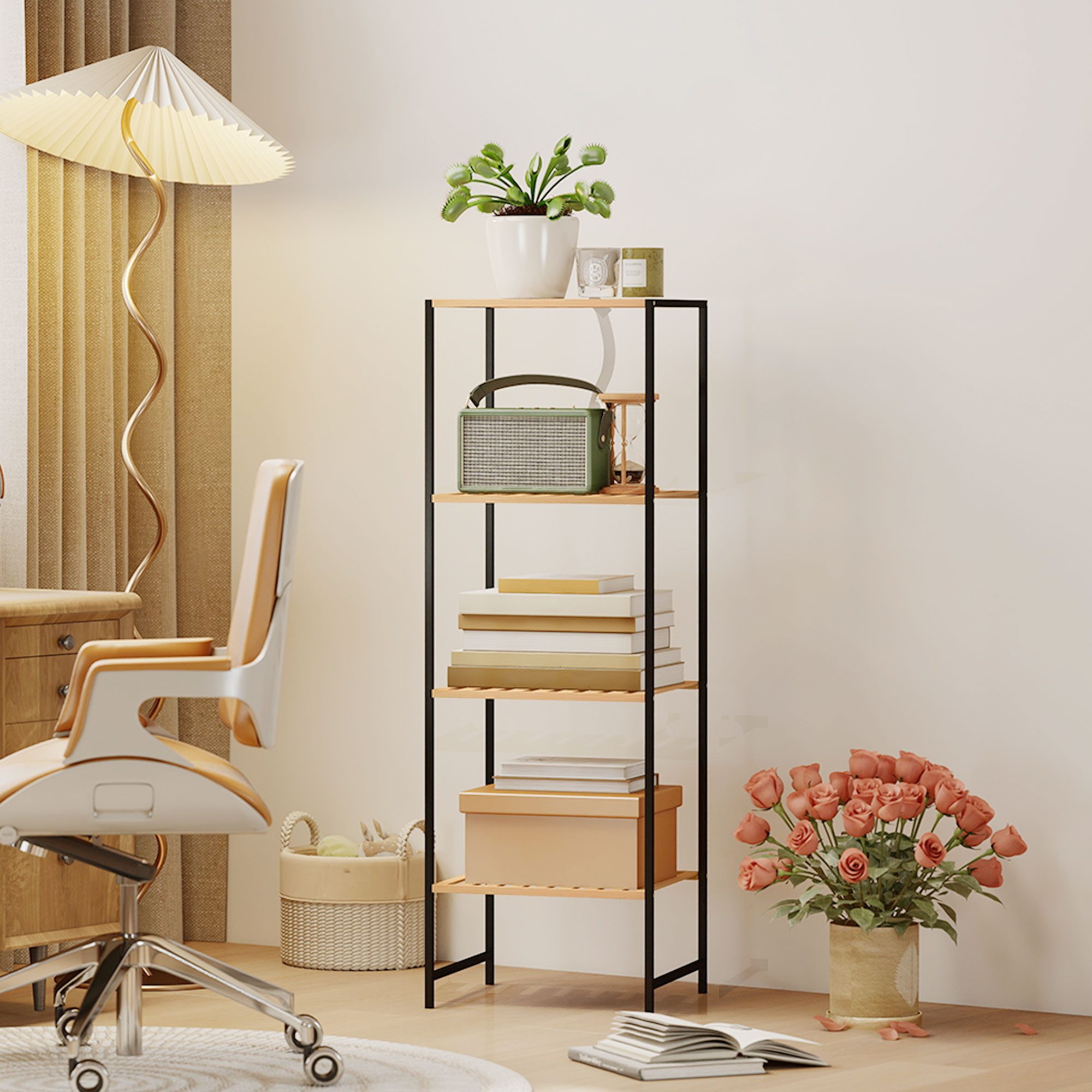 HOMCOM Standregal mit Stahlrahmen, Aufbewahrungsregal 1-tlg., für Wohnzimmer, Schlafzimmer, Naturholz