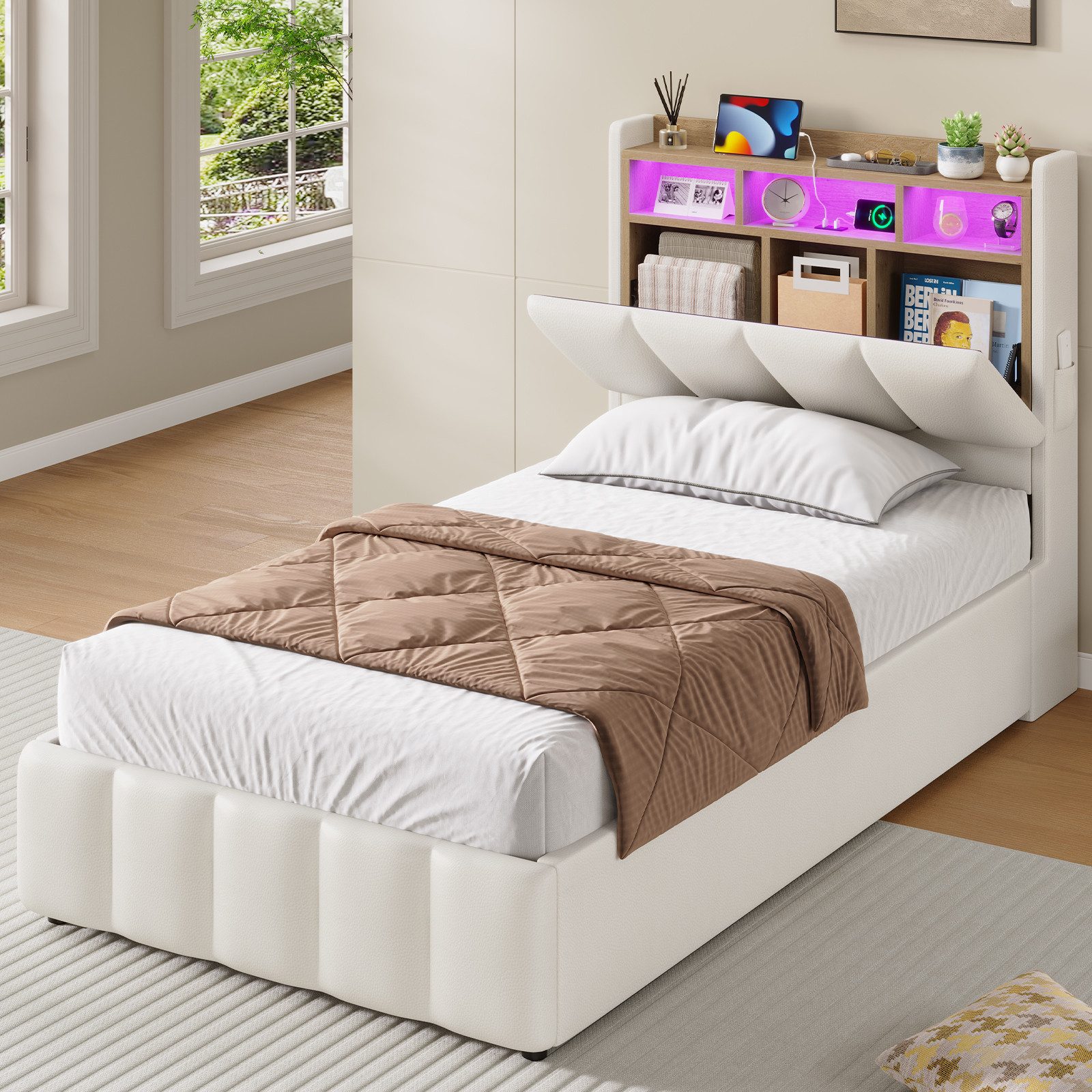 KIMENICH Polsterbett mit LED Beleuchtung und Ladefunktion (1-tlg., Ohne Matratze), Jugendbett Hydraulisches Stauraumbett, 90x200 cm