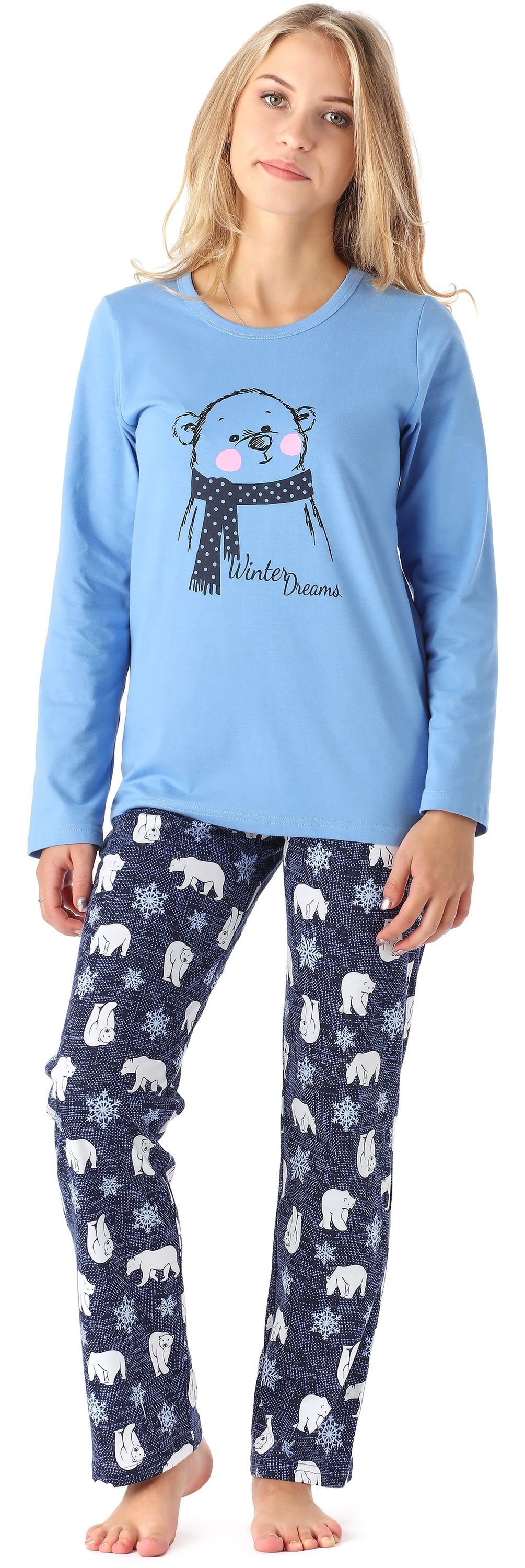 Merry Style Schlafanzug Damen Zweiteilieger Schlafanzug Pyjama Lang Winter MS10-192 Blau Bär
