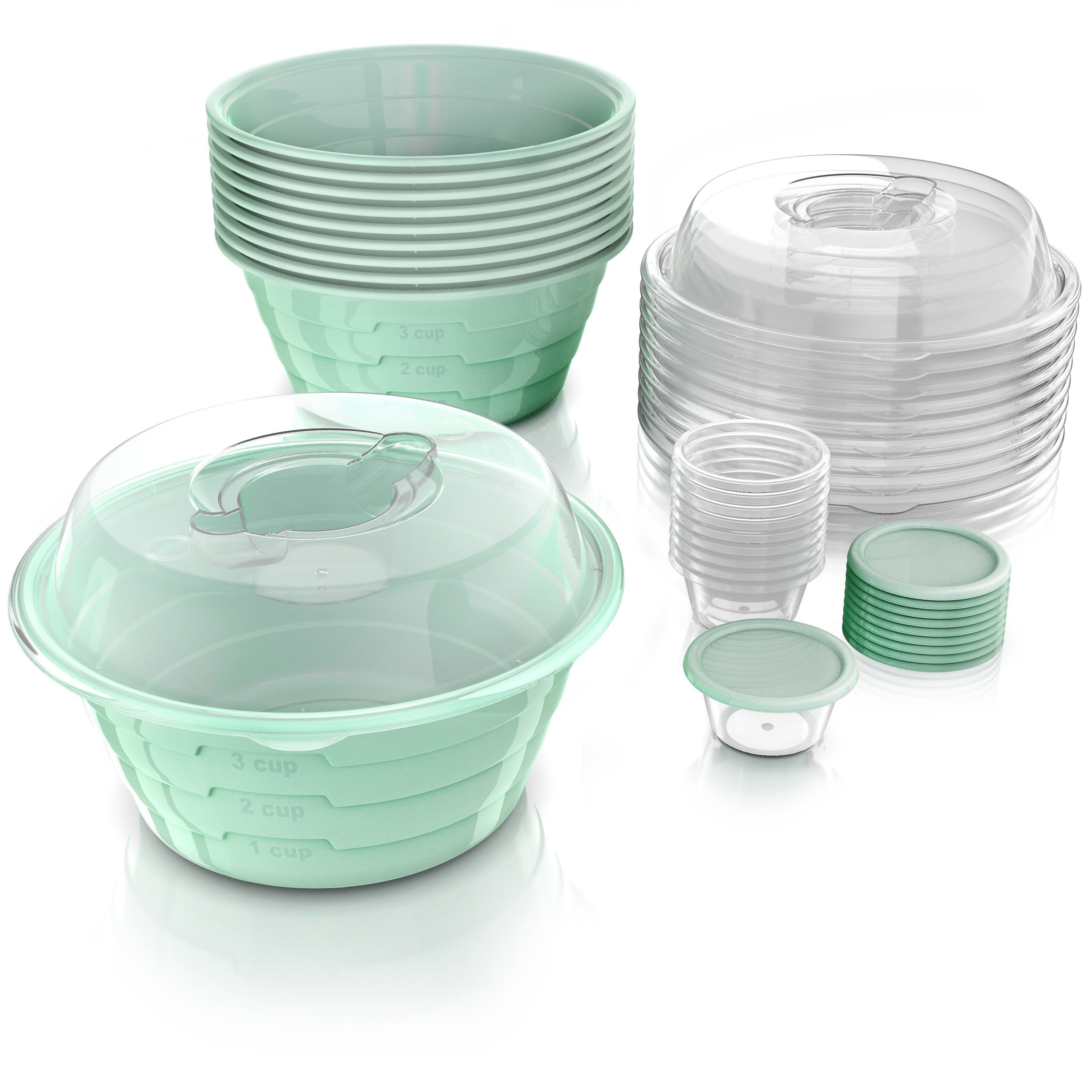 Arendo Aufbewahrungsschüssel Meal Prep Box 950ml, Salat Vorratsdose rund mit Saucendose & Messskala, Polyprophylen (PP), (Set, 10-tlg., 10er Set Meal Prep Schüsseln), transparenter Deckel, mikrowellen-, gefrier- & spülmaschinengeeignet