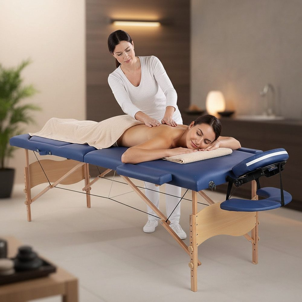 Melko Massageliege Massagebank Liege 3 Zonen klappbar mobil Holz Beige Blau Schwarz Gelb (Stück, 1-St., Liege), Extra dicke und bequeme Polsterung für optimalen Liegekomfort