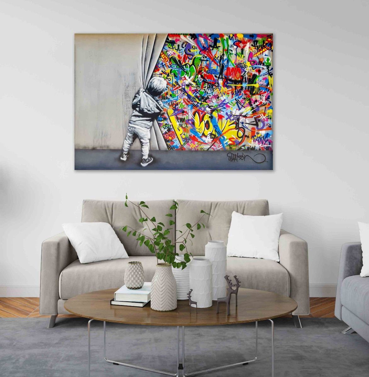 Leinwando Leinwandbild Banksy junge hinter dem Vorhang / Graffiti Bilder zu günstig online kaufen