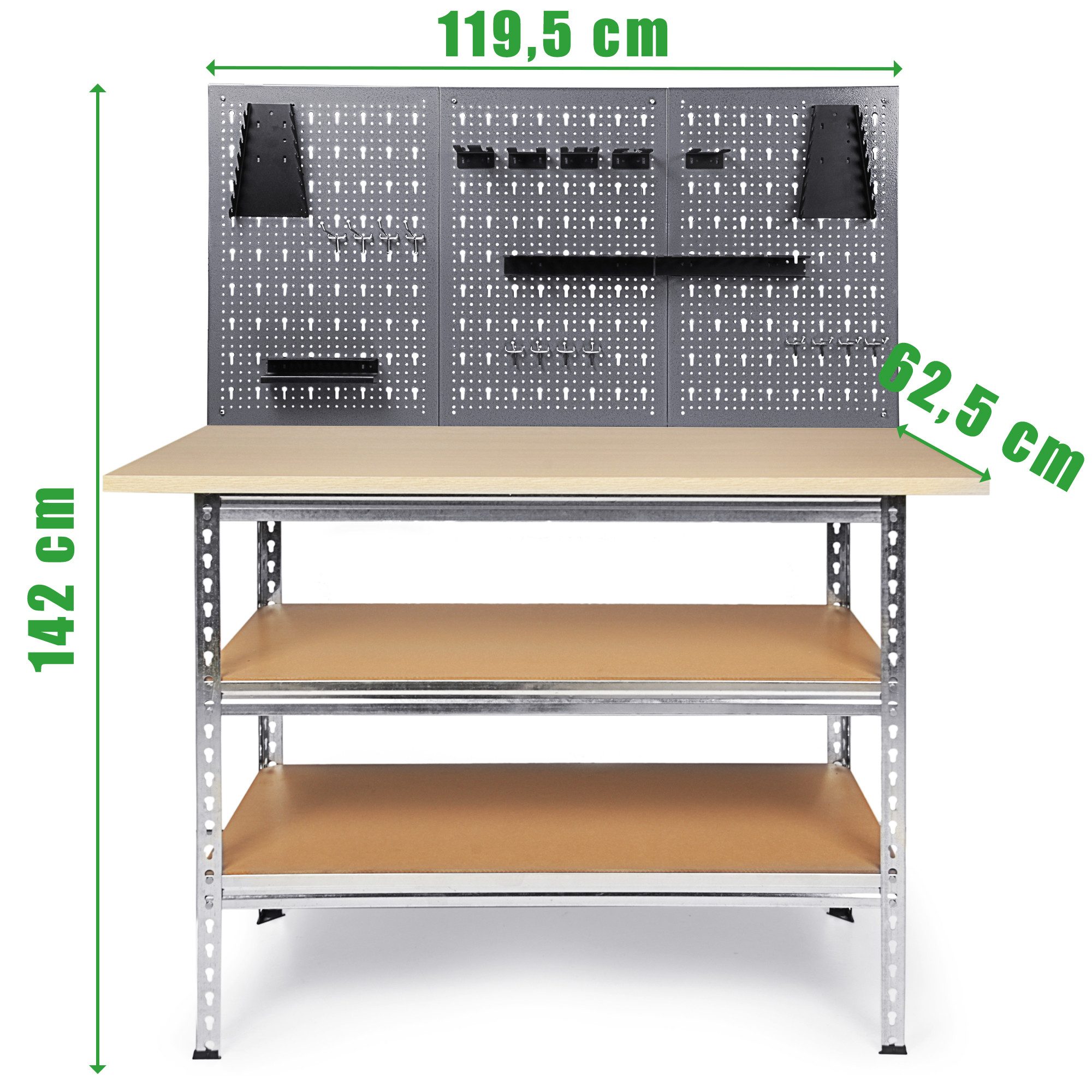 ONDIS24 Werkstatt-Set Werkbank 120x60cm mit 25mm Melaminarbeitsplatte, 2 Ablageflächen, 151cm Höhe, Set mit 3 Lochwänden & 22 Haken für Handwerker