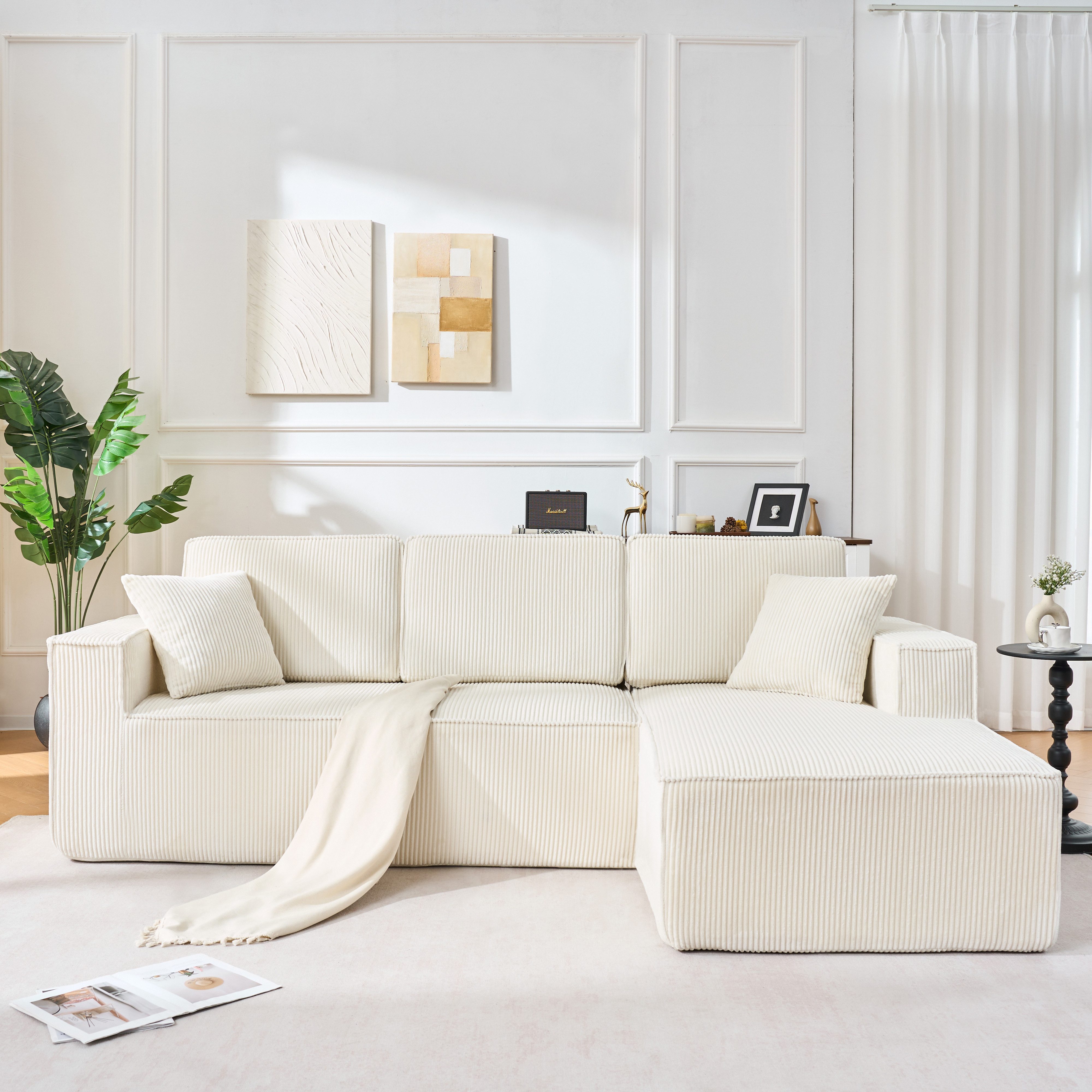 OKWISH Schlafsofa Ecksofa 235x128x60 cm vollkomprimiert, aus Cordstoff, platzsparend, modulares Ecksofa mit weichem Hochdichtschaumpolster 1 Teile, modulares Ecksofa mit weichem Hochdichtschaumpolster