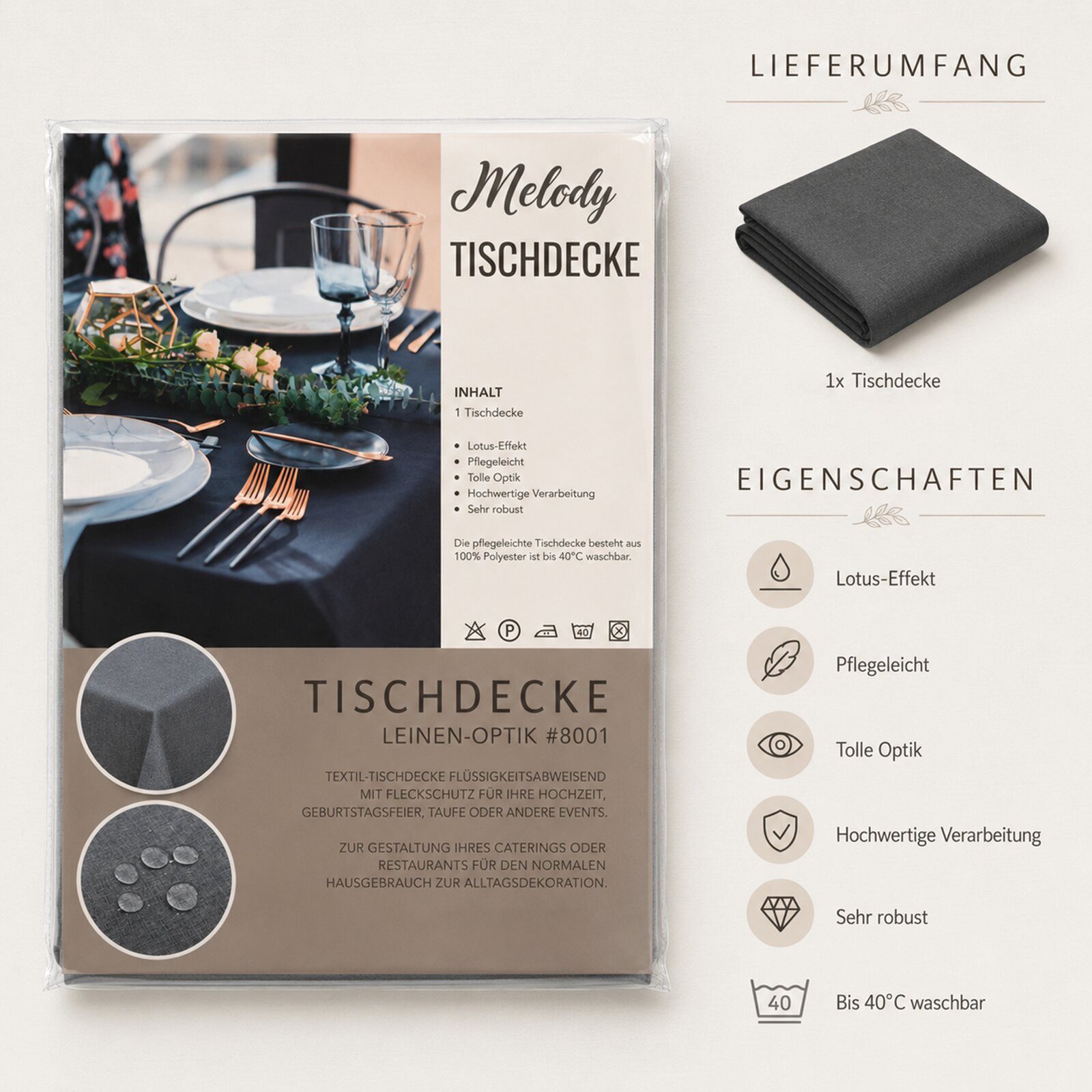 Melody Gartentischdecke Leinen-Optik Tischdecke abwaschbar mit Fleckschutz
