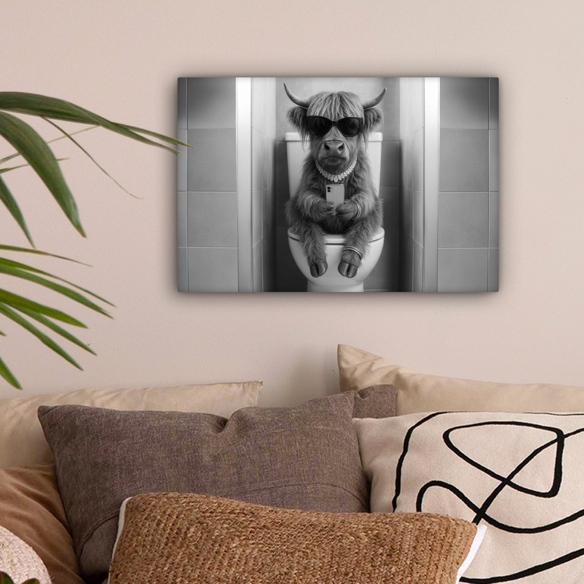 OneMillionCanvasses® Leinwandbild Taurus - Telefon - Toilette - Schwarz - Weiß, Fotodruck (1 St), Leinwand Bilder Klein, Wand Dekoration Aesthetic 30x20 cm
