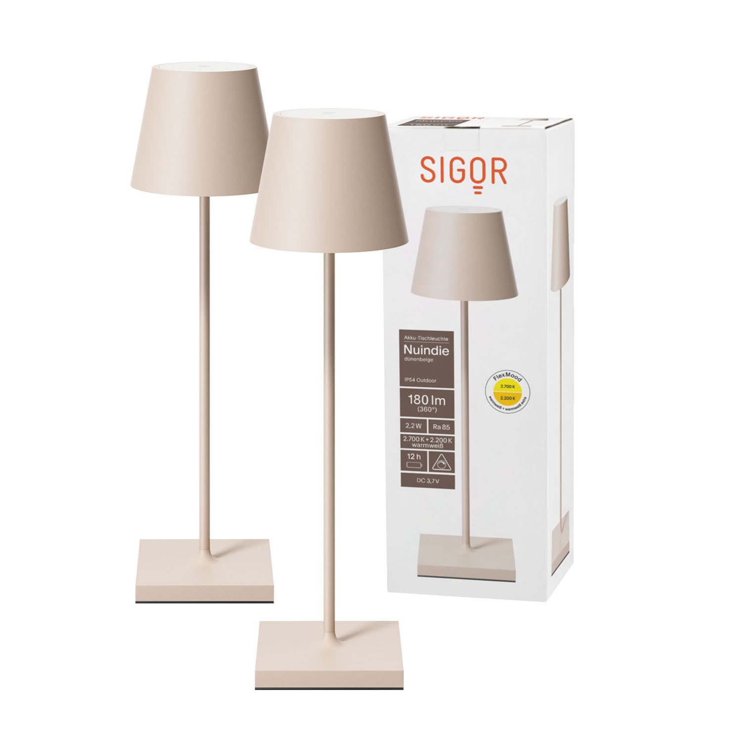 SIGOR LED Tischleuchte 2x Nuindie USB-C 380mm dünenbeige, Dimmbar, 1 LED Platine, 2.700 K / 2.200 K
