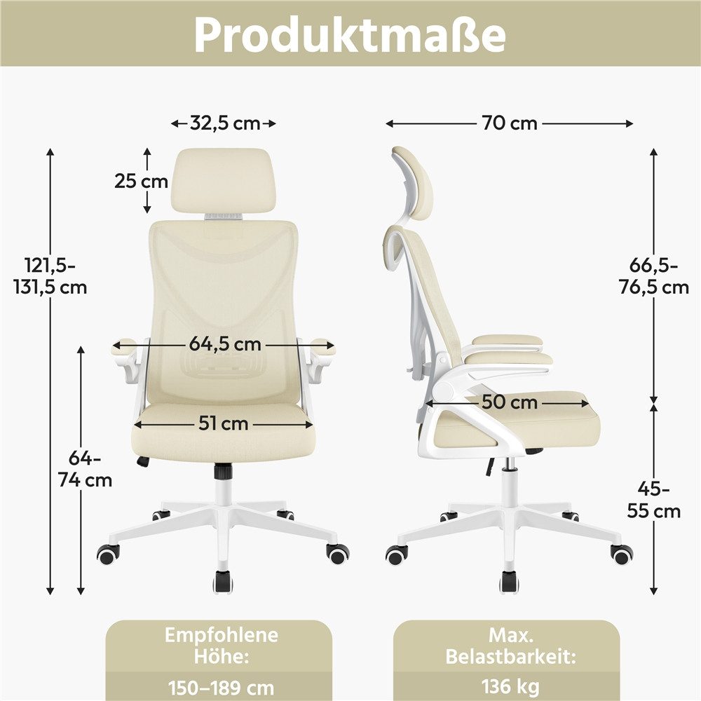 Yaheetech Drehstuhl mit Hochklappbaren Armlehnen & Verstellbarer Kopfstütze, Ergonomischer Bürostuhl Schreibtischstuhl mit flexiblem Lendenkissen – Bild 4 von 5