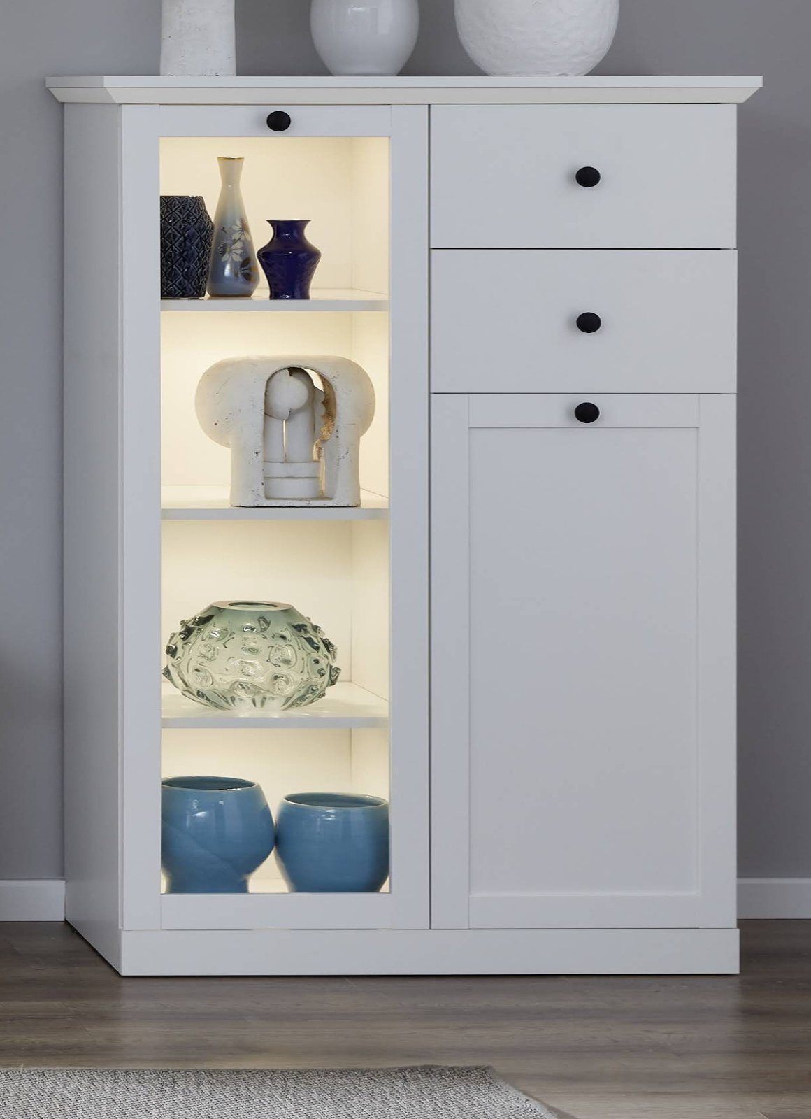 trendteam Hochkommode Baxter (Highboard in Landhaus weiß, 81 x 129 cm), 7 Fächer und 2 Schubladen