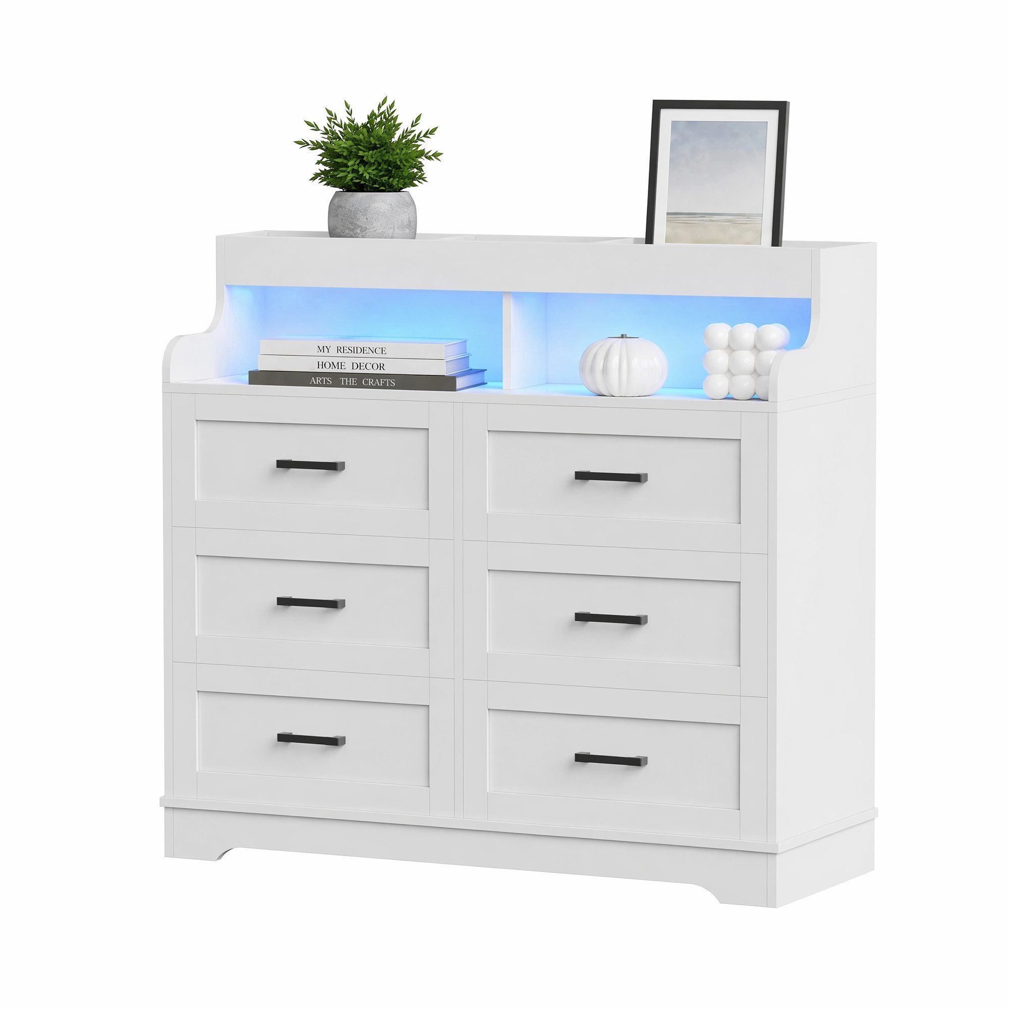 zebery Kommode mit 6 Schubladen Sideboard mit LED Beleuchtung (Schrank aus Holz,2 Steckdosen und USB-Anschlüsse), Schubladen mit Auszugsschienen,mit offenem Stauraum,Weiß