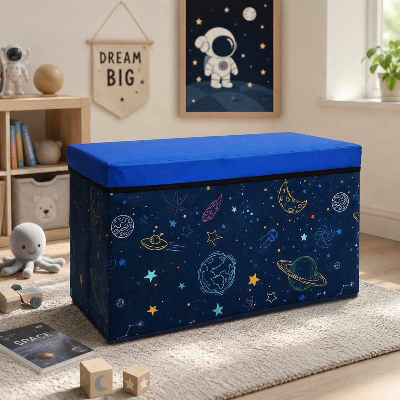 Koopman Spielzeugtruhe Aufbewahrungsbox Spielzeugbox Kinder Weltraum 60x30cm (Stück, 1 St., Packung), 60 Liter, Sitzhocker, abnehmbarer Deckel, gepolstert