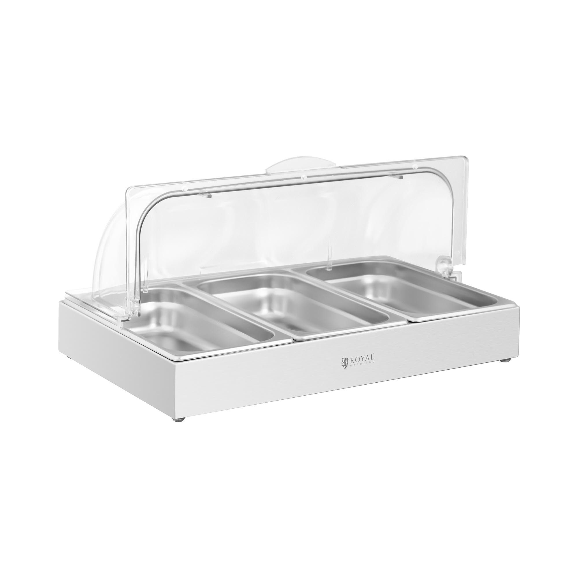 Royal Catering Buffet-Vitrine Buffetvitrine Servierplatte mit Deckel Buffetplatte 3 x 2,6 L 535 x, Edelstahl, Kunststoff (Polycarbonat)