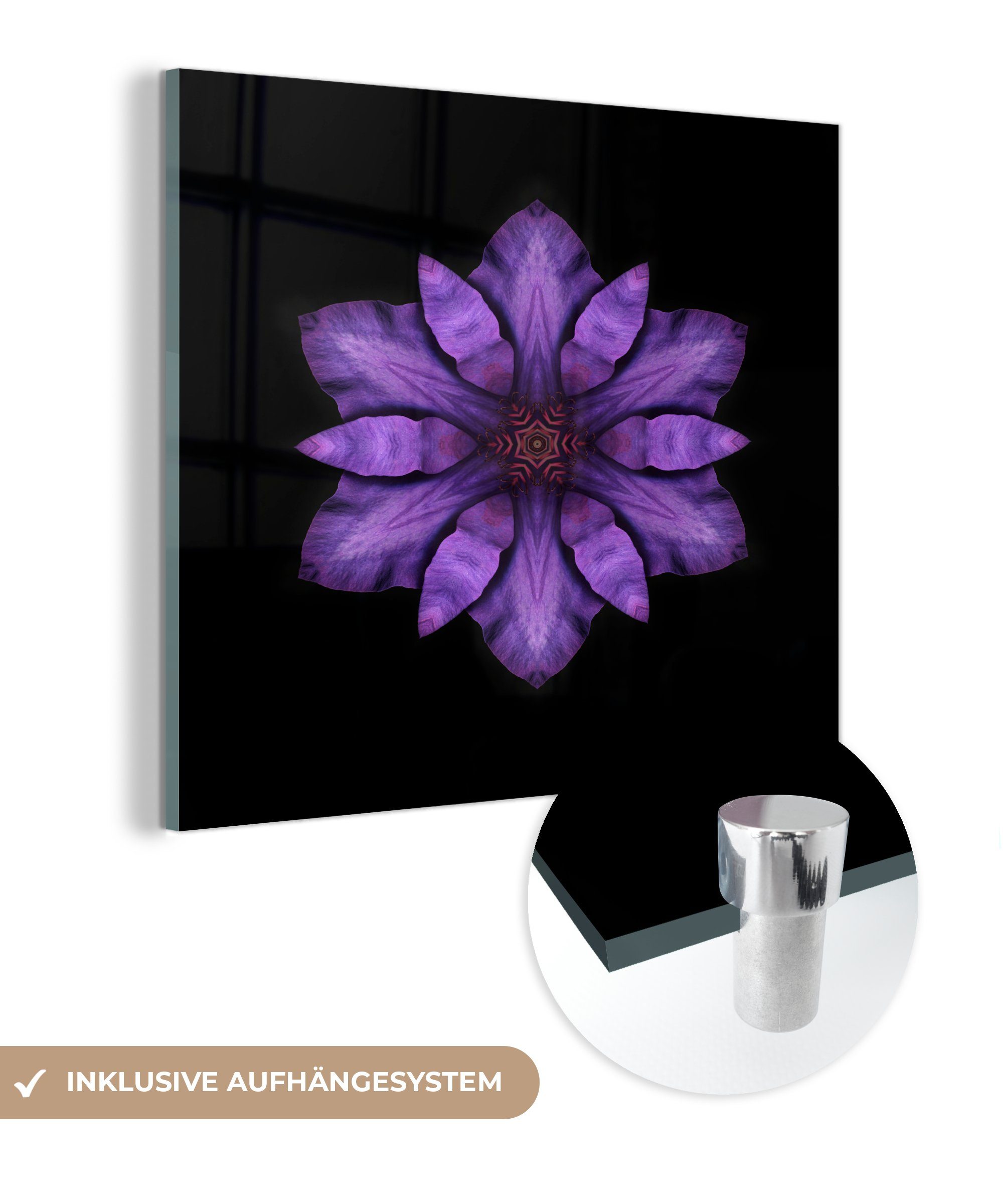 MuchoWow Acrylglasbild Ein Glas (1 Foto Clematis - - lila Wanddekoration Glasbilder schwarzem Hintergrund, Bilder Mandala auf Wandbild Glas auf auf St), 