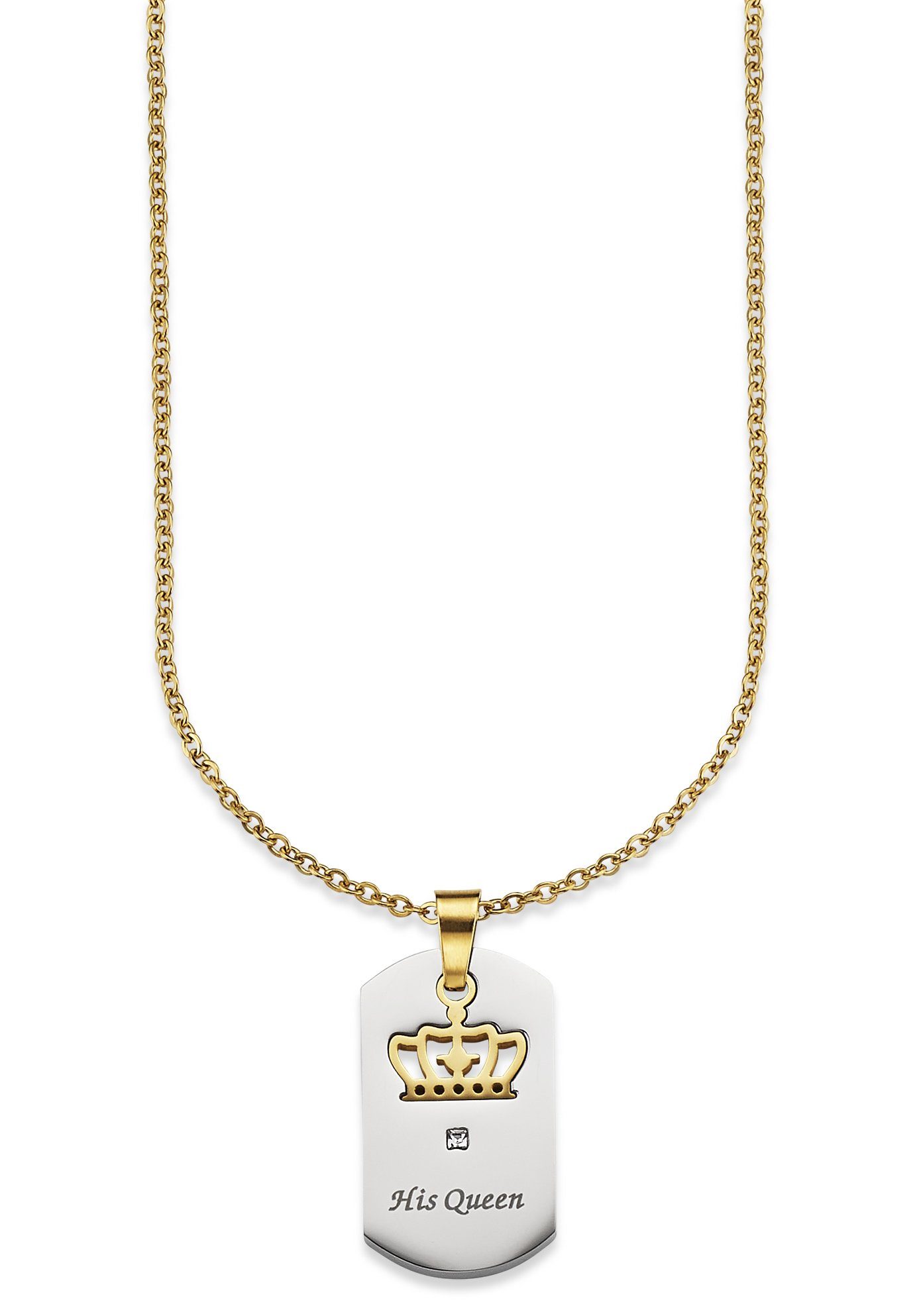 Bruno Banani Kette mit Anhänger Schmuck Geschenk, Halskette Ankerkette, Krone feste Gravur "His Queen"