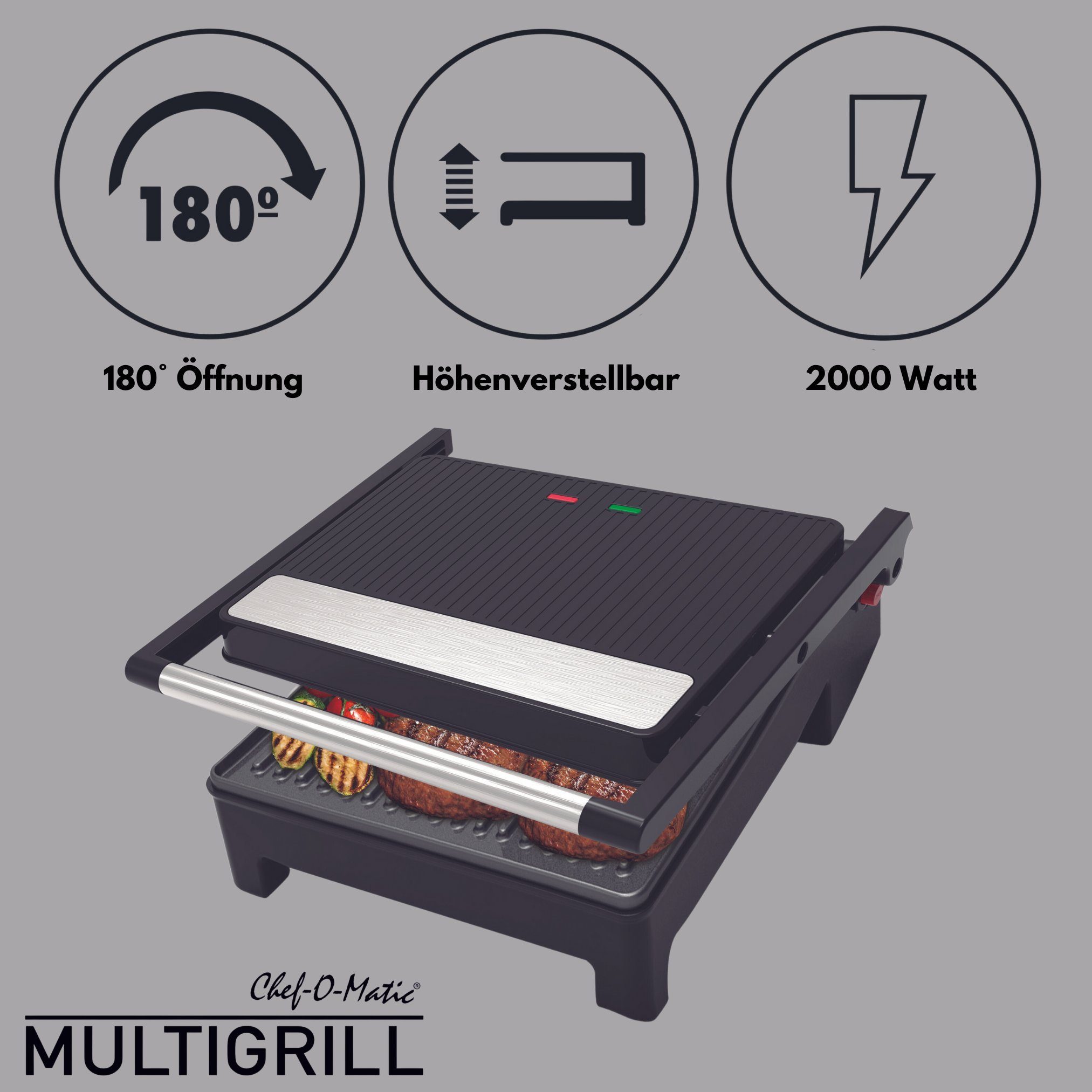 Best Direct® Kontaktgrill Chef-O-Matic® Multigrill, 2000,00 W, Indoor Grill Panini, 180º Öffnung, antihaftbeschichtet, klappbar