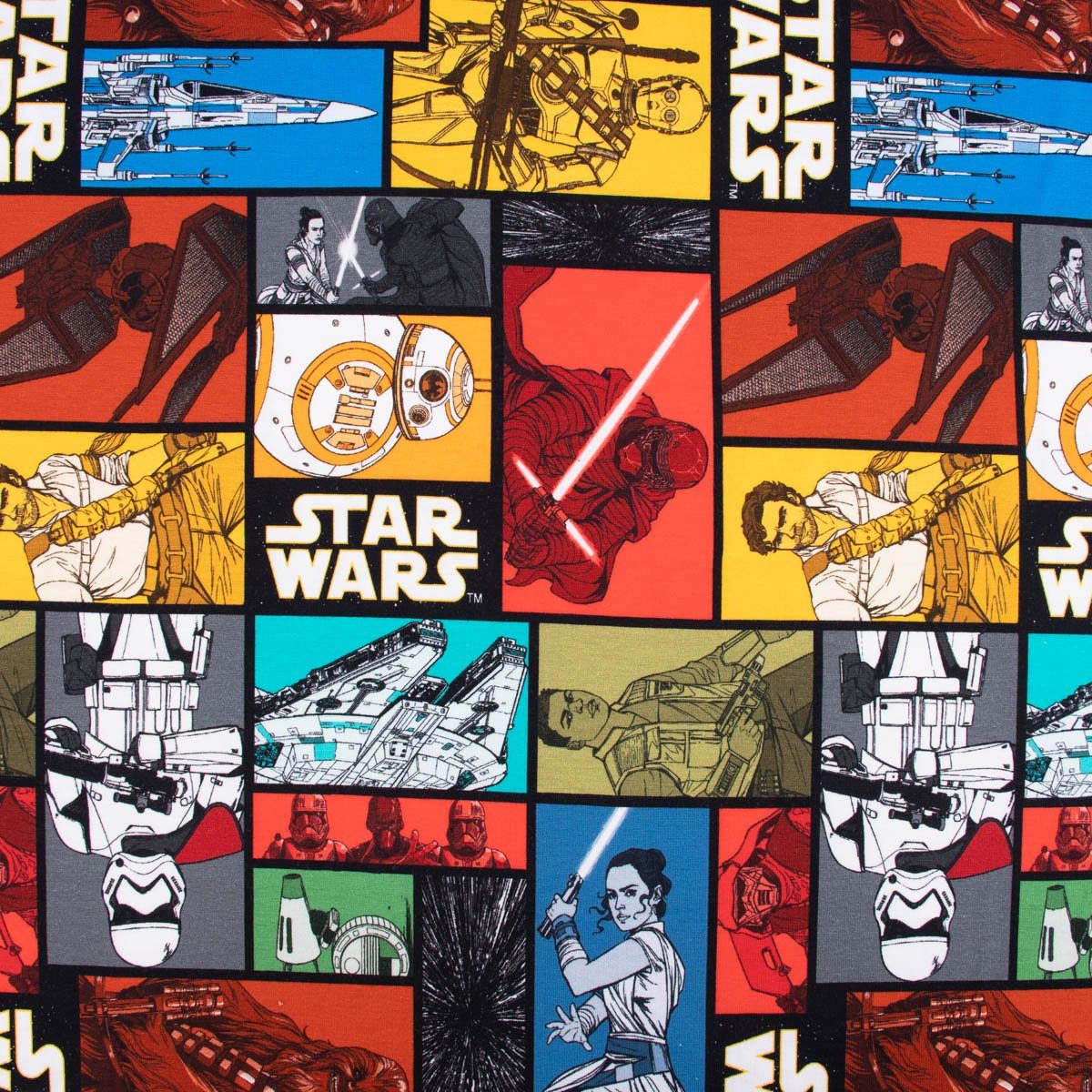 SCHÖNER LEBEN. Stoff Baumwolljersey Digitaldr. STAR WARS Comic schwarz grau rot gelb blau g, allergikergeeignet