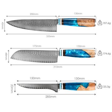 KEENZO Damastmesser 3tlg. Damaststahl Küchenmesser Set Chef Santoku Ausbeinmesser