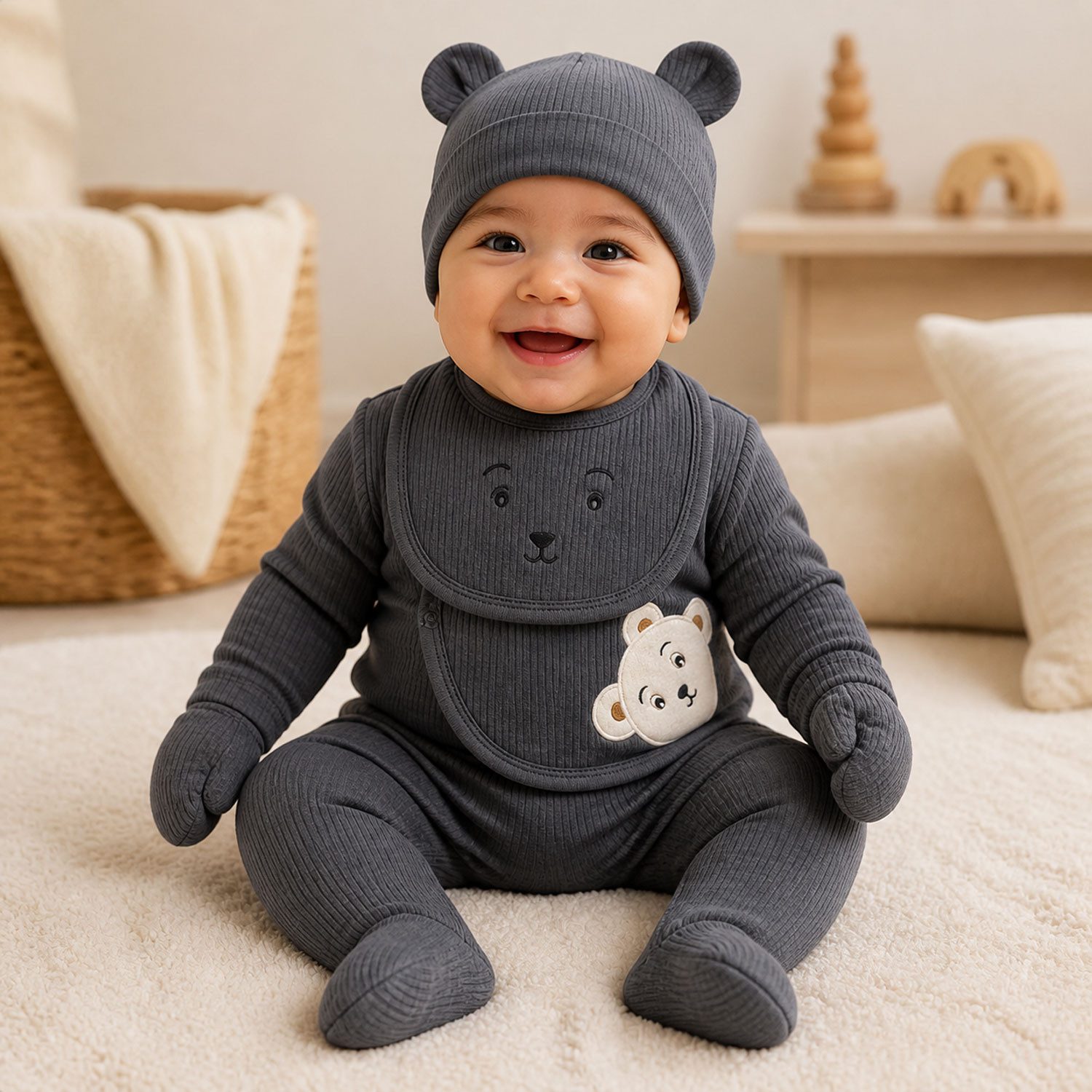 Jungengel Neugeborenen-Geschenkset Erstausstattungsset Krankenhaus-Klamotten Baby Bio Baumwolle (Set, 5-tlg., 5-teiliges Set: Wickelshirt, Hose, Mütze, Lätzchen – Bild 2 von 3