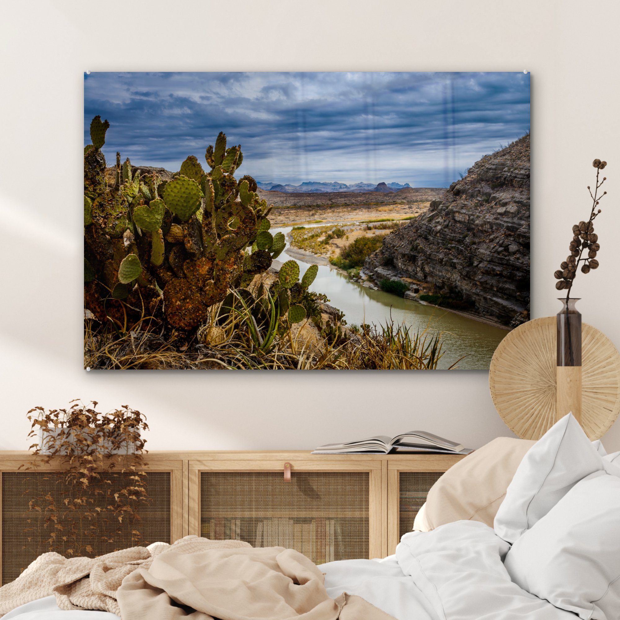 MuchoWow Acrylglasbild Ein Kaktus St), & einem unter ein Fluss Acrylglasbilder Schlafzimmer imposanten (1 Big im Himmel und Wohnzimmer Bend