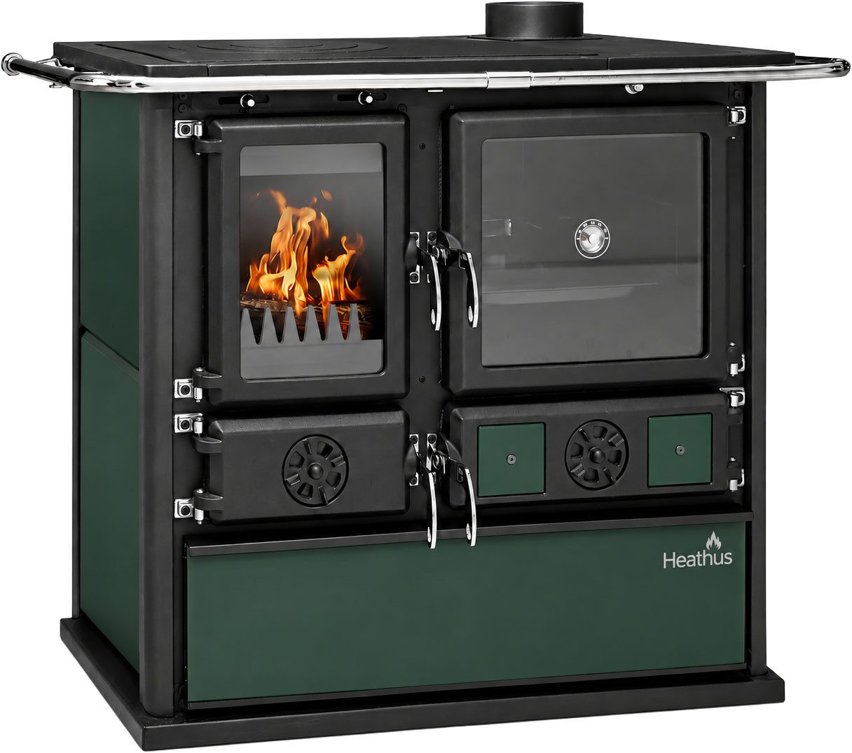 Festbrennstoffherd Cook Premium Green Pepper, 8,9 kW, Zeitbrand, Großer Feuerraum