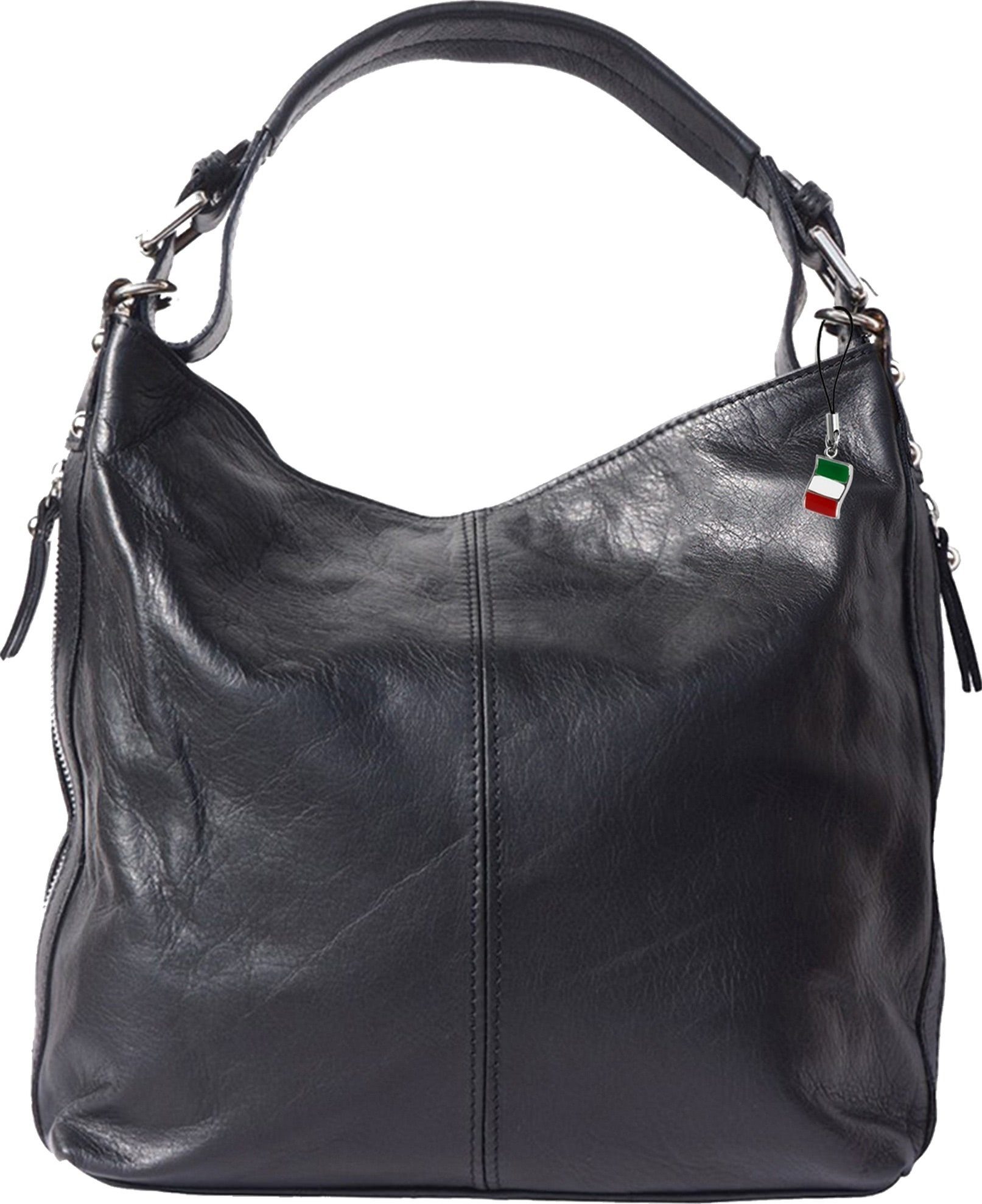 FLORENCE Shopper Florence Damen Beuteltasche schwarz, Damen Tasche aus  Echtleder in schwarz, ca. 35cm Breite, Made-In Italy