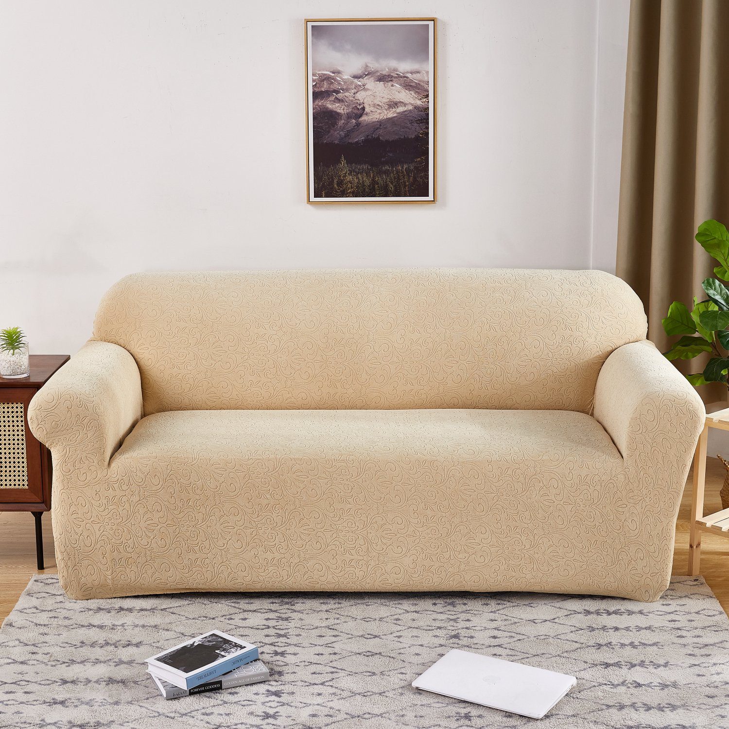 Jacquard-Couch-Sofabezüge, Beige-A HOMEIDEAS, Sofahusse, Möbelschutzbezug Stretch