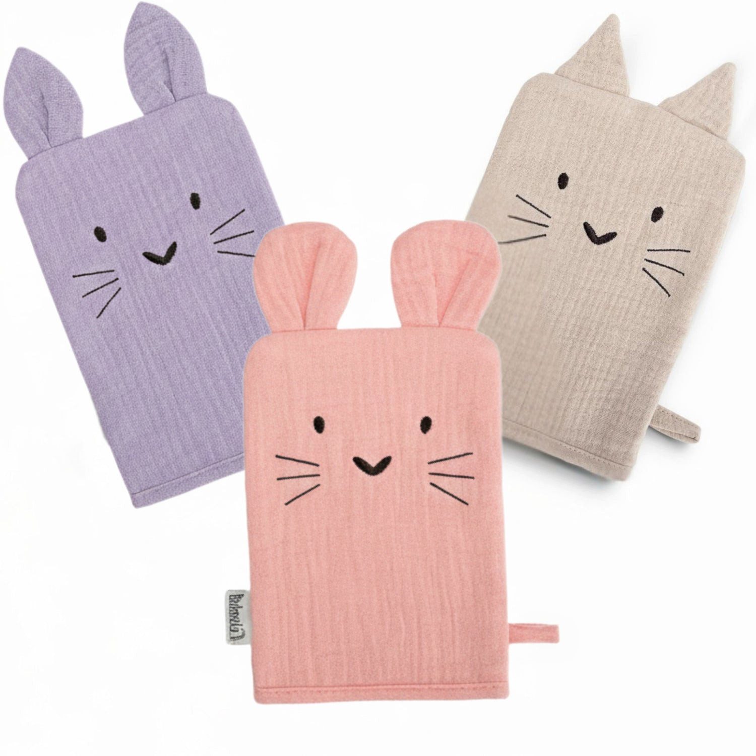 Räuberella Waschlappen Premium 3er-Set – Saftes Musselin in Flieder, Beige & Rosa, (3-St), 100% Bio-Baumwolle, spielerisches Tier-Design