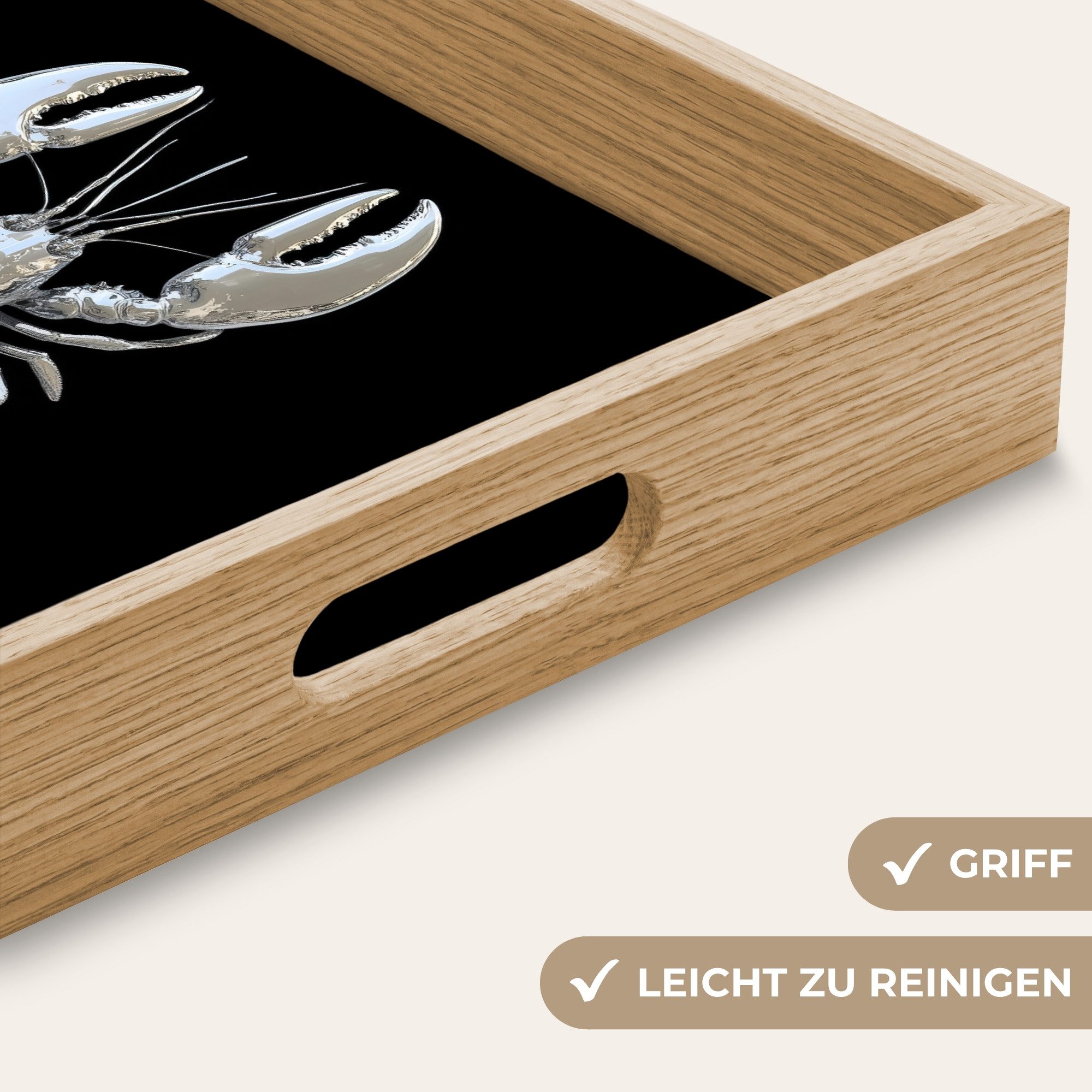 OnlyWow Tablett Rechteckig mit Henkel Hummer - Silber - Metallisch - Luxus, Eichenholz, (1-tlg), Siervierplatte, Tray, Frühstücksbrett