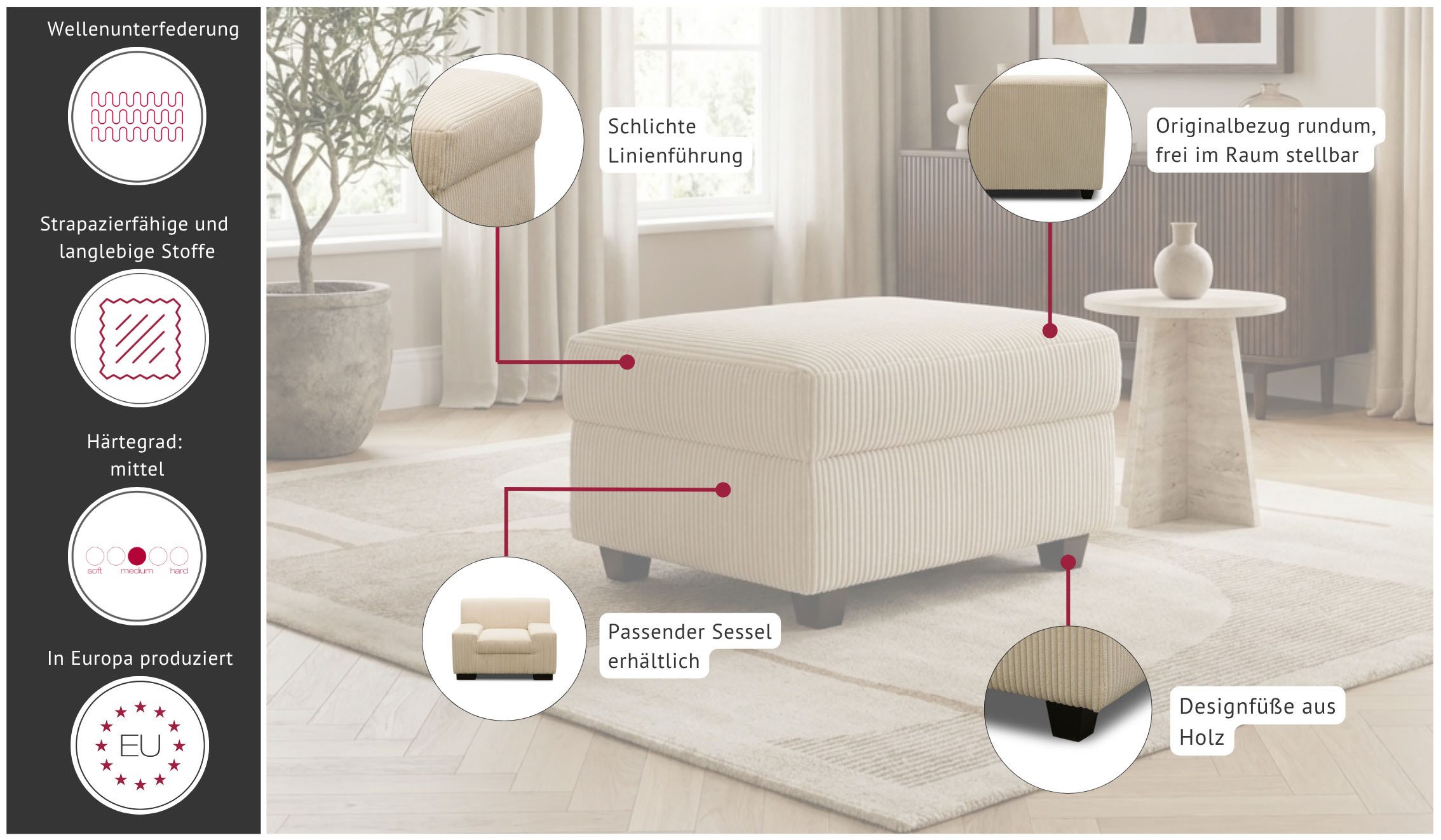OTTO home Hocker Faxe, Polsterhocker passend zum Sofa, Breite 67 cm, individuell kombinieren