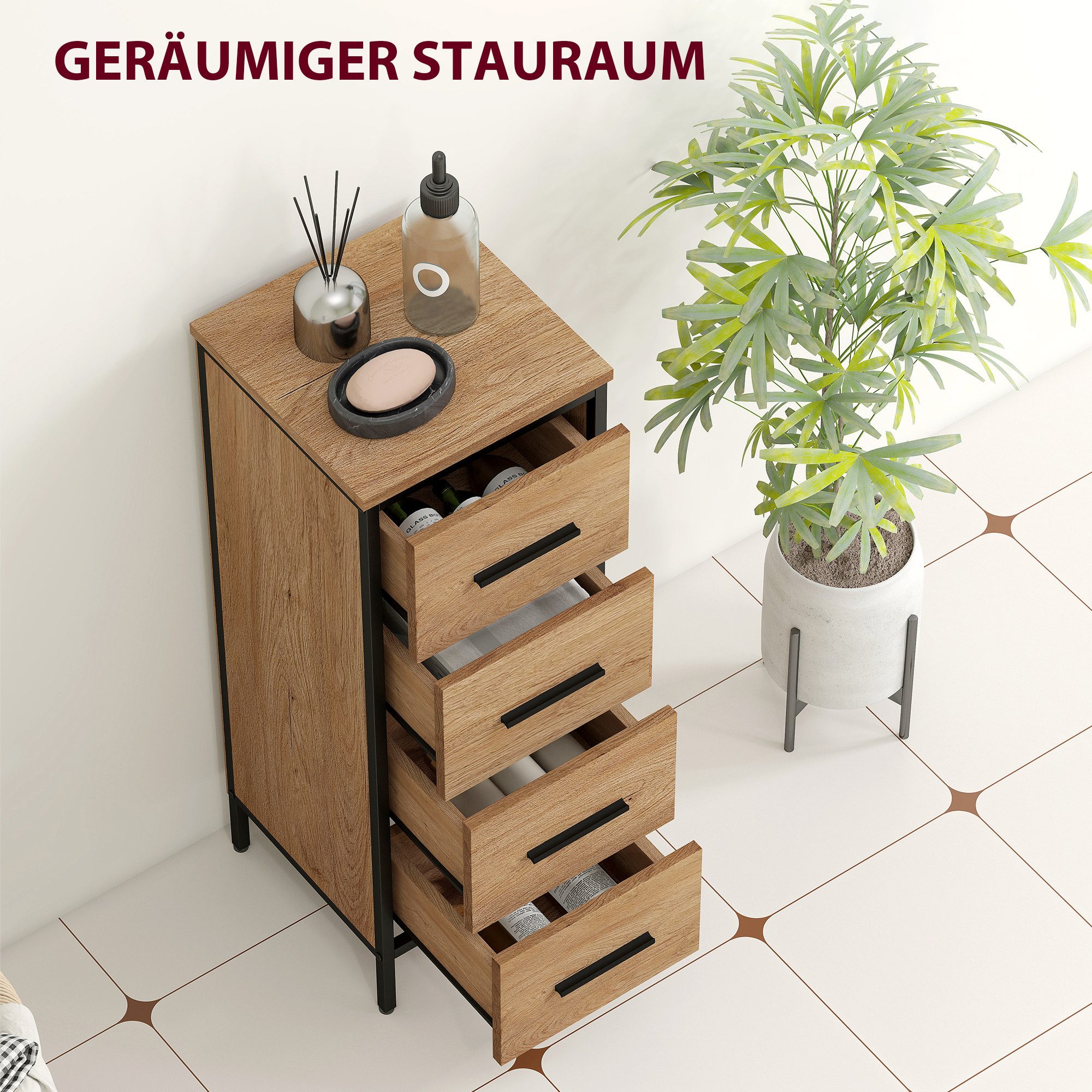 HOMCOM Badkommode Toilettenschrank Beistellschrank mit 4 Schubladen, Nischenschrank (Badezimmerschrank, 1 St., schmal Badschrank), für Badezimmer, kleine Räume, – Bild 4 von 5
