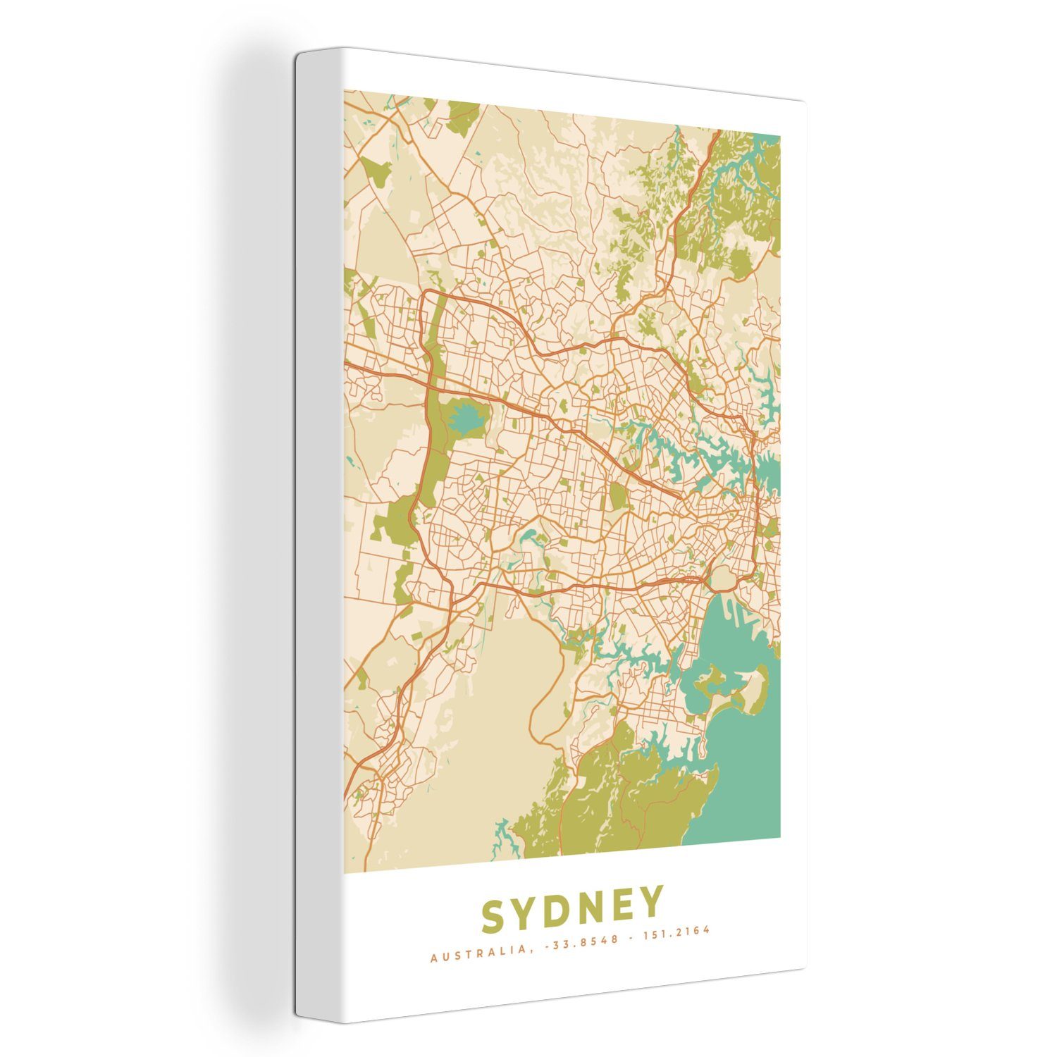 OneMillionCanvasses® Leinwandbild Sydney - Karte - Vintage - Stadtplan, (1 St), Leinwandbild fertig bespannt inkl. Zackenaufhänger, Gemälde, 20x30 cm