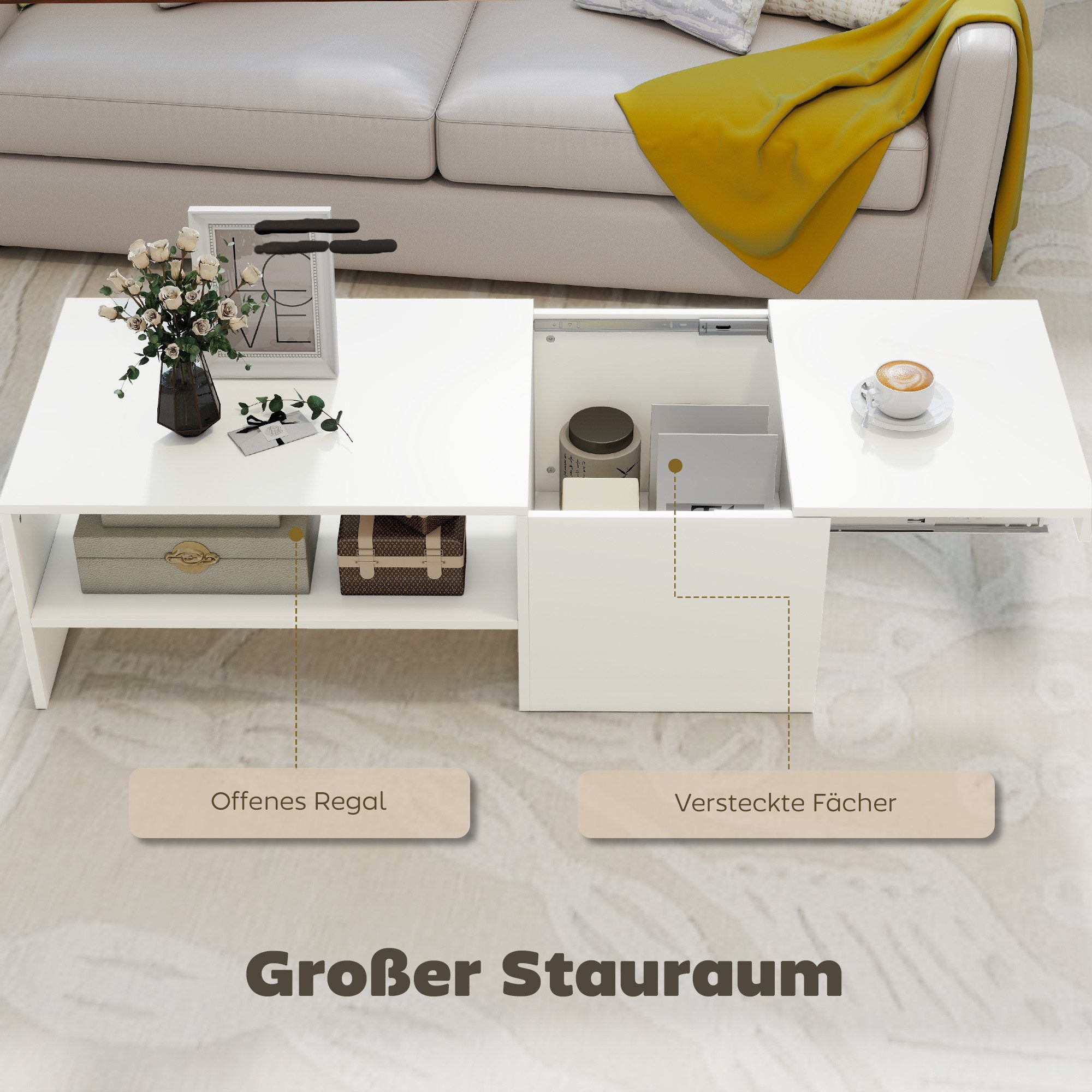 HOMCOM Couchtisch Wohnzimmertisch mit Stauraum Regal, Modern Beistelltisch (Sofatisch, 1-St., Wohnzimmertisch), für Wohnzimmer 110 x 52 x 36 cm, Weiß – Bild 5 von 5