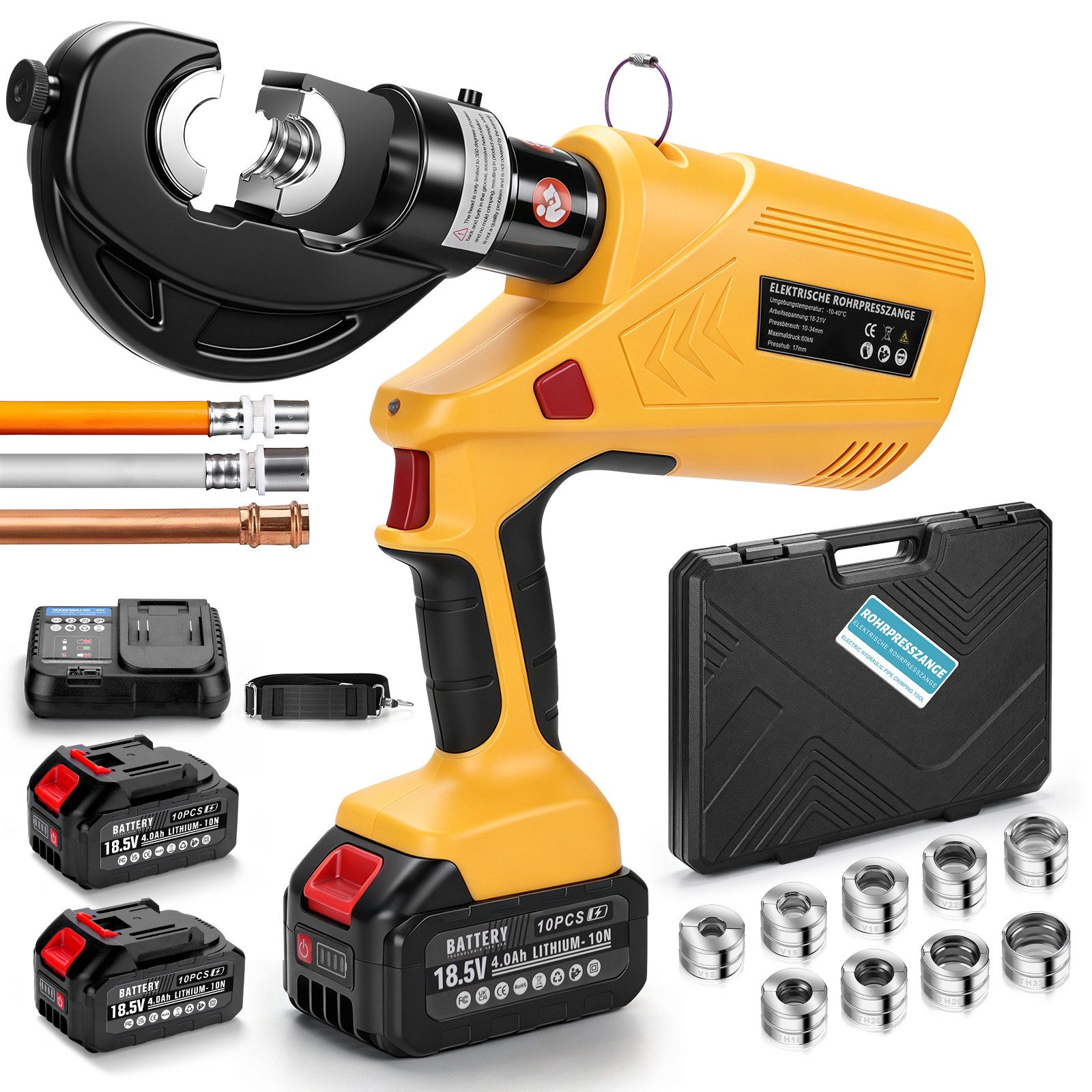 XERSEK Rohrzange Akku Presszange Crimpzange‌ inkl. 9 Pressbacken V + TH Kontur 2×4,0Ah, Elektrohydraulisch Pressmaschine Rohrpresszange Crimpzange‌, für Kupferrohre, Verbundrohr & Edelstahlrohr