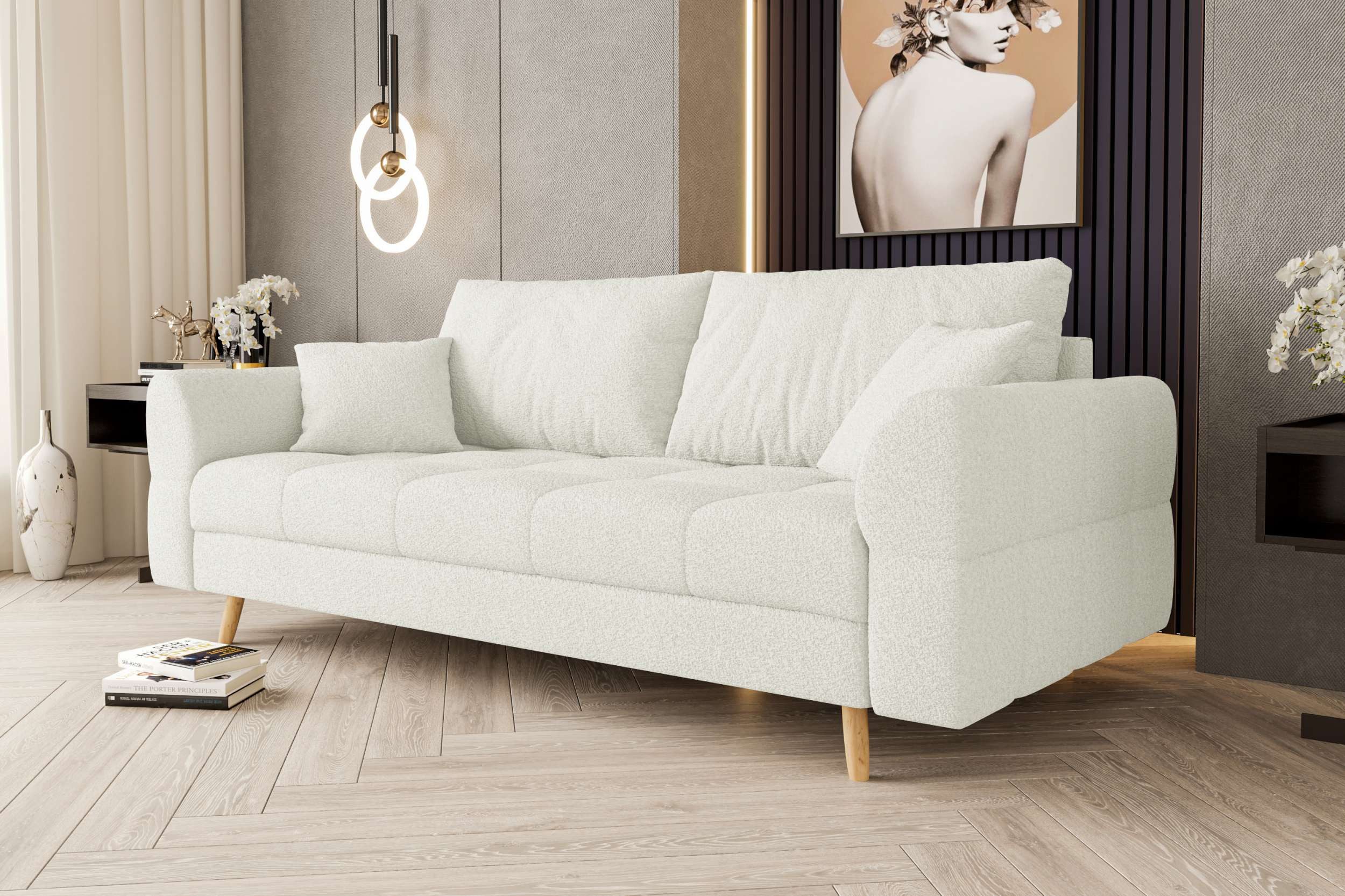 99rooms 3-Sitzer Bello, Sofa, 2-Sitzer Sofa, mit Rundumbezug, 2 Zier- und 2 Rückenkissen, hellbraune Holzfüße