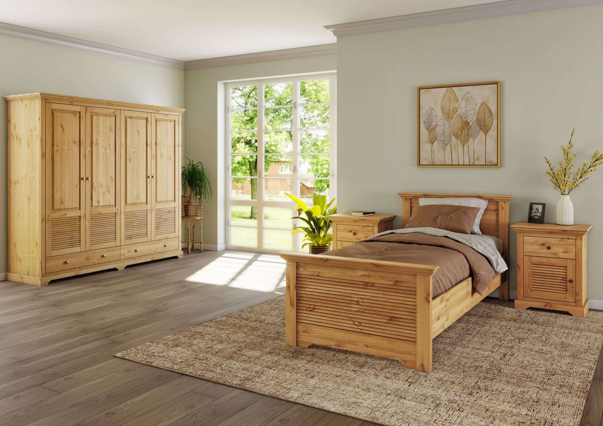 OTTO home Bett Rauna, Landhausstil, edles Design mit Lamellen und Kassetten, 2 Farben (Breite/Belastbarkeit 180cm=220 KG, 90cm=120KG), FSC® zertifiziertes Kieferholz, massive Qualität mit Lattenrost