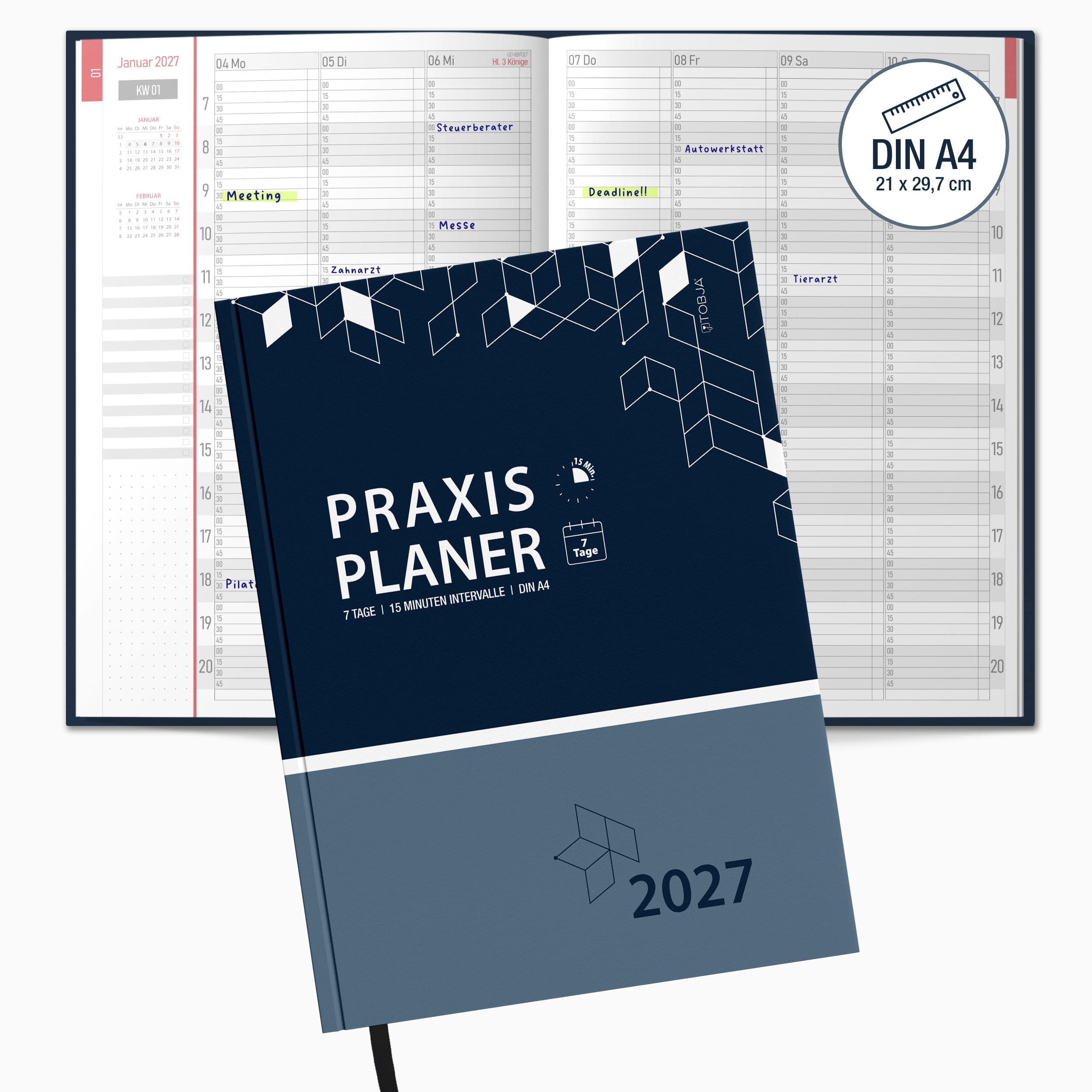 TOBJA Buchkalender Praxisplaner 2027 A4 Navy Hardcover Arztpraxis 15 Min Takt FSC, Hardcover Layflat, A4, 15-Min-Takt 7-21 Uhr, FSC, 23 Mitarbeiter-Plan