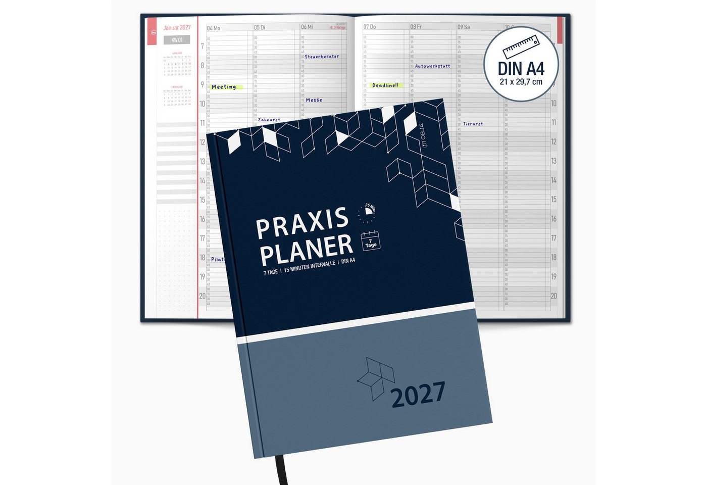 TOBJA Buchkalender Praxisplaner 2027 A4 Navy Hardcover Arztpraxis 15 Min Takt FSC, Hardcover Layflat, A4, 15-Min-Takt 7-21 Uhr, FSC, 23 Mitarbeiter-Plan