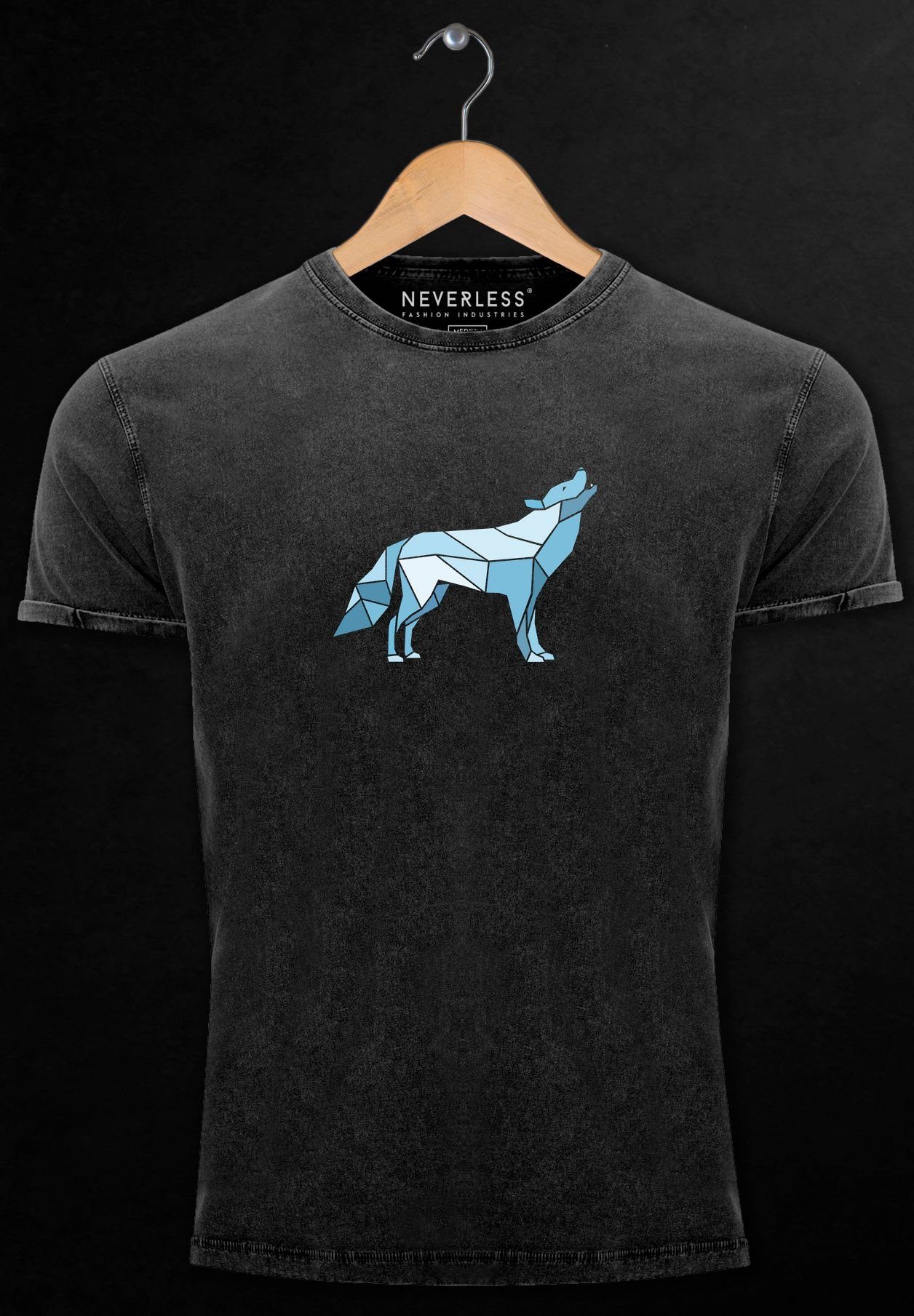 Neverless Print-Shirt Herren Vintage Polygon mit Print Shirt schwarz Print Geometrie Wil Outdoor Aufdruck Wolf