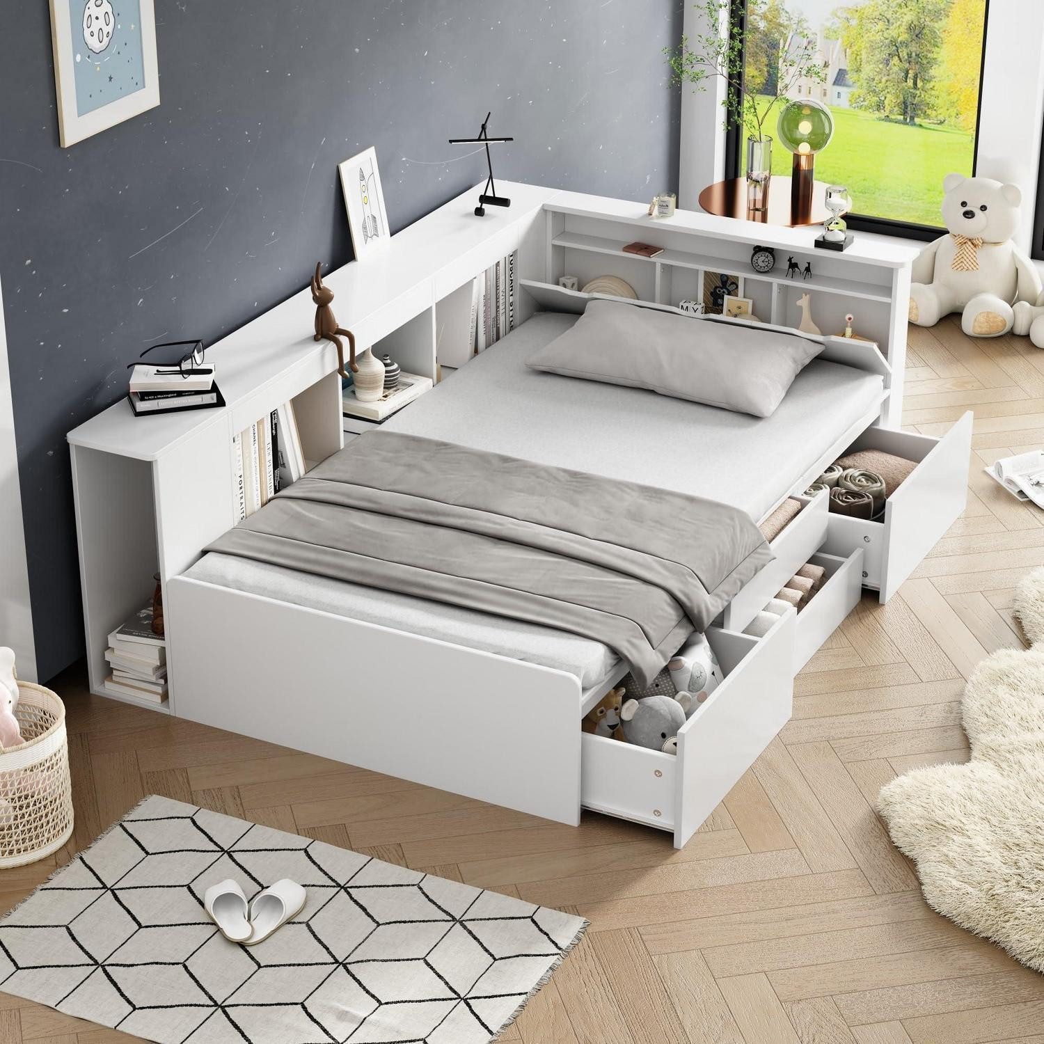 LuxusKollektion Einzelbett Einzelbett 90x200 weiß mit Stauraum