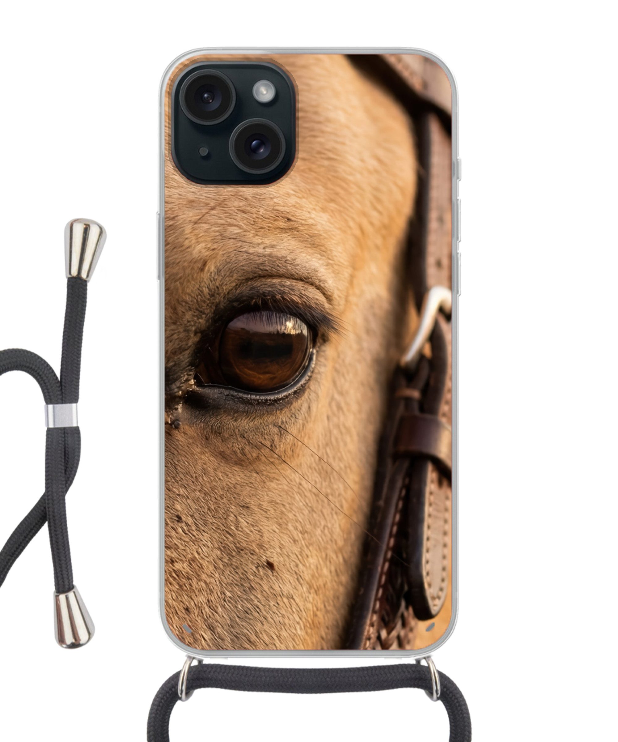 MuchoWow Handyhülle für Apple iPhone 15 Plus Pferd - Auge - Braun, Tragbare Handyhüllen mit Kette zum umhängen, Handykette Handyband