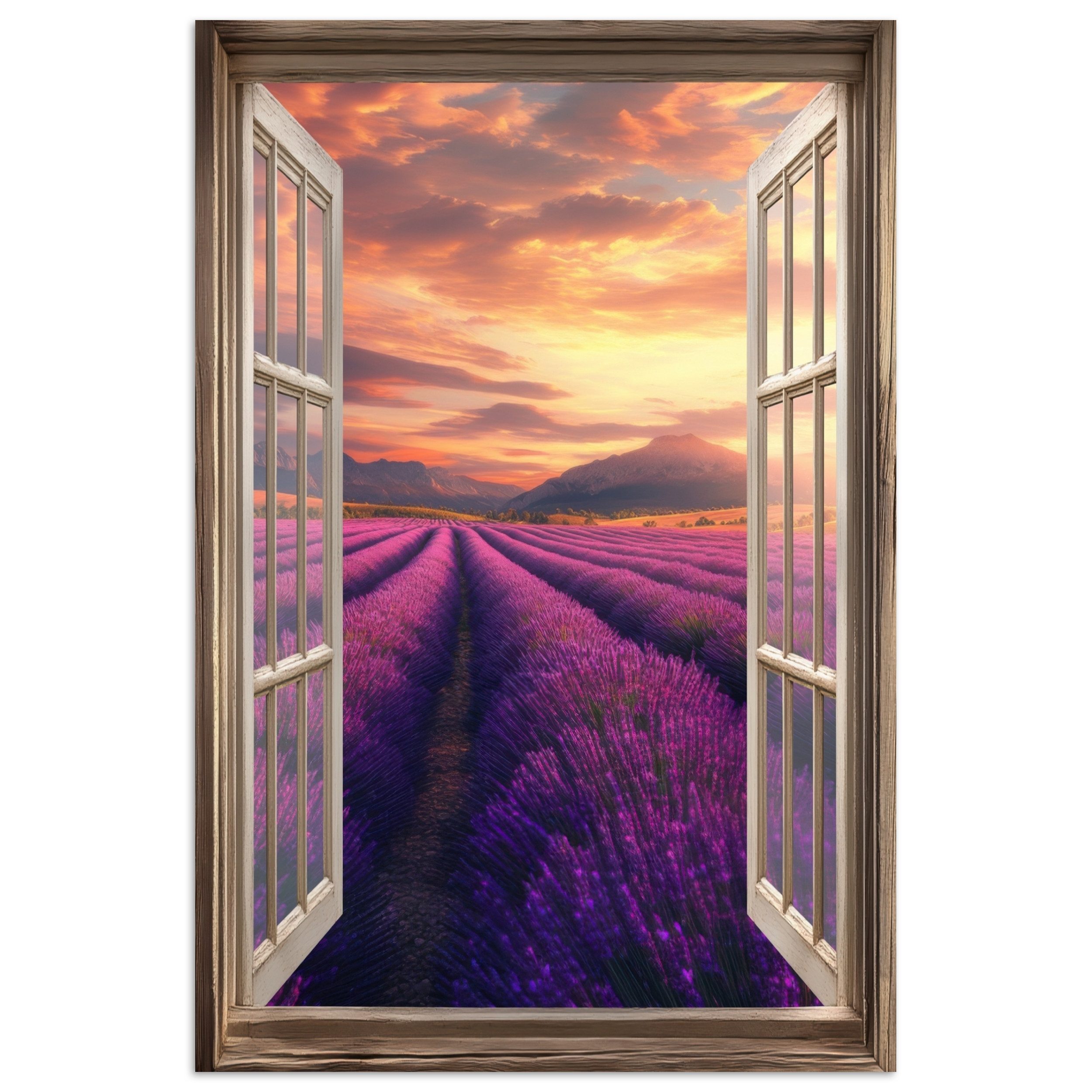 MuchoWow Poster Fensterblick - Lavendel - Landschaft - Blumen - Lila, (1 St), Poster ohne Rahmen, Wandbild, Wandposter, 20x30 cm
