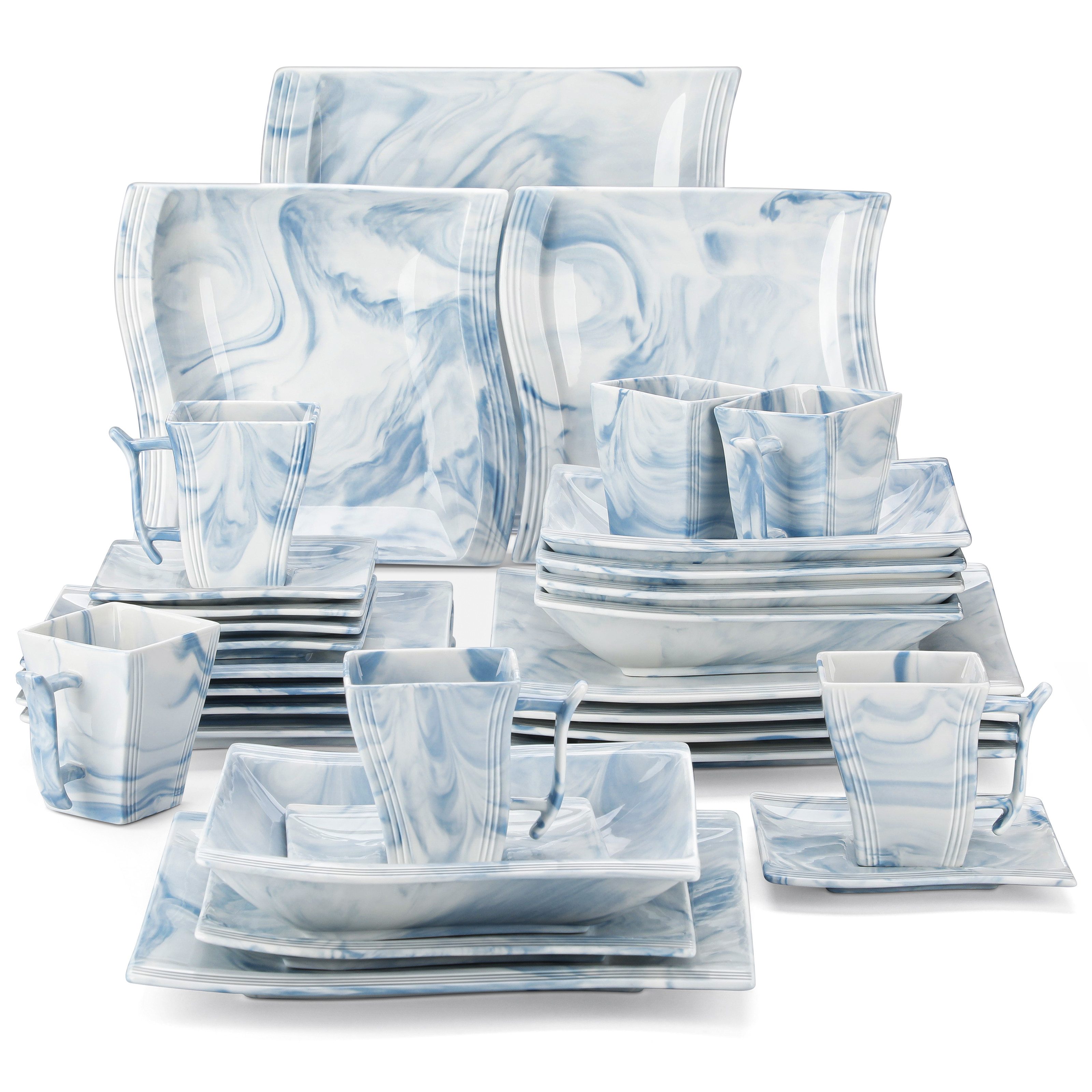 MALACASA Geschirr-Set Tafelservice FLORA für 6/4 Personen Marmor Geschirrset (30-tlg), 6 Personen, Porzellan