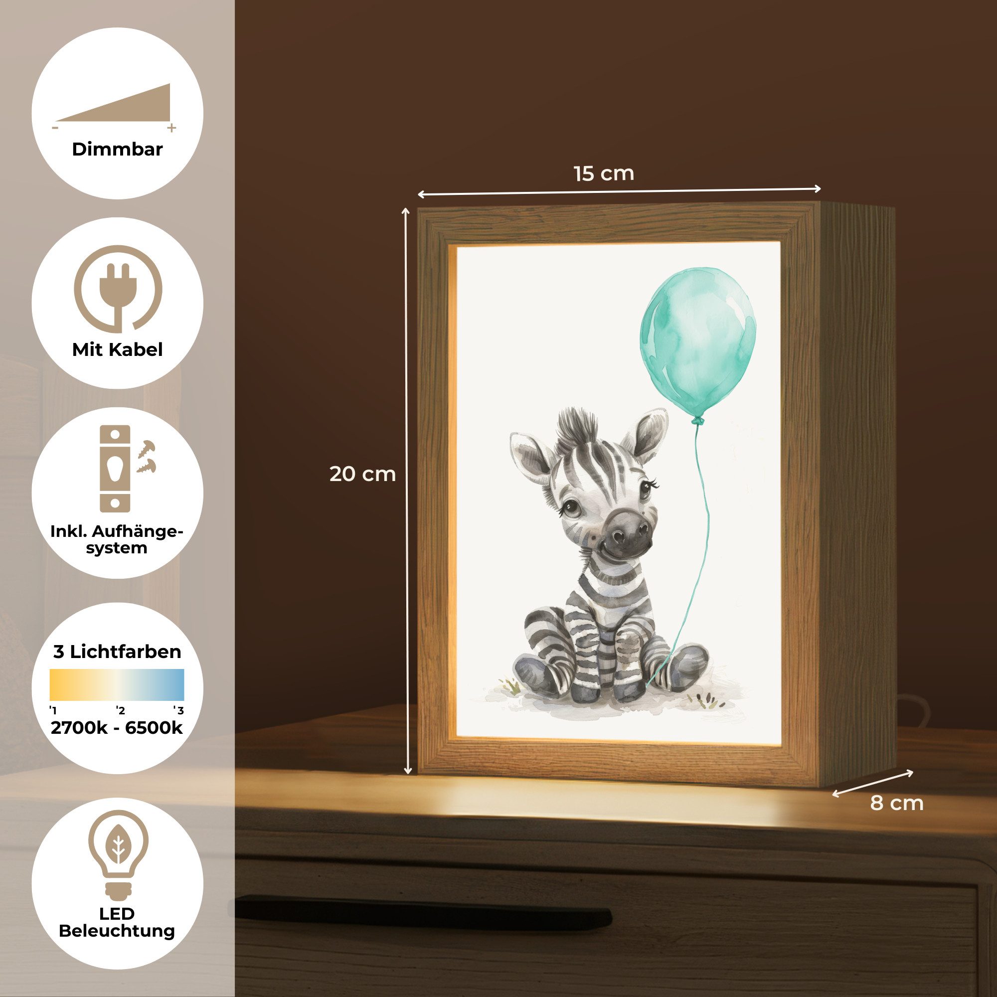 OnlyWow Nachttischlampe Lightbox Zebra - Babytier - Blauer Ballon - Jungen, Dimmbar, Farbwechsel, LED, Warmweiß, Kaltweiß, Neutralweiß Einstellbar, Kinderzimmer, Babyzimmer, Dimmbar, mit Kabel, Nachtlampe, LED