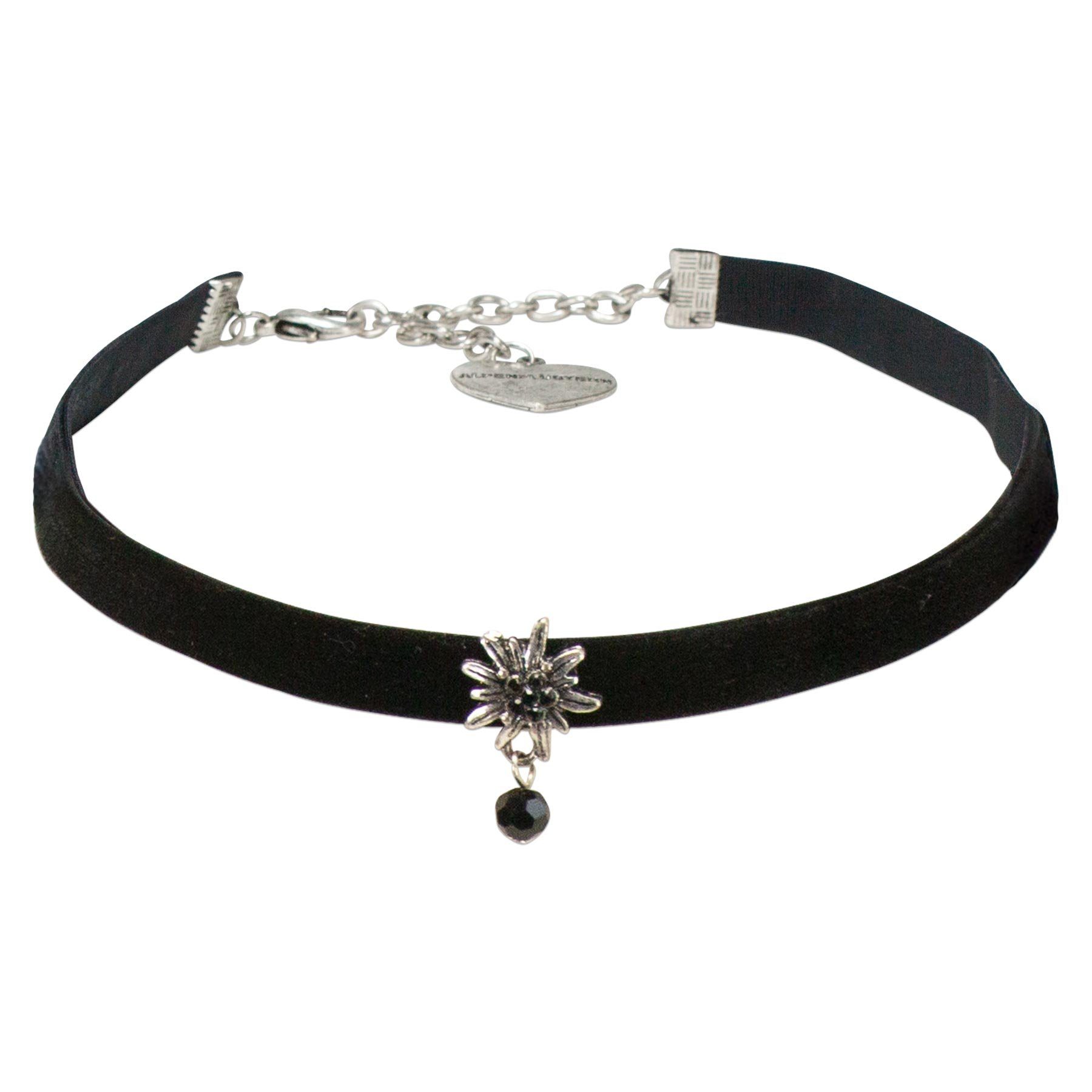 Alpenflüstern Choker Trachten-Samt-Kropfband Strass-Edelweiß Perle (schwarz), - nostalgische Trachtenkette enganliegend, Kropfkette elastisch, Damen